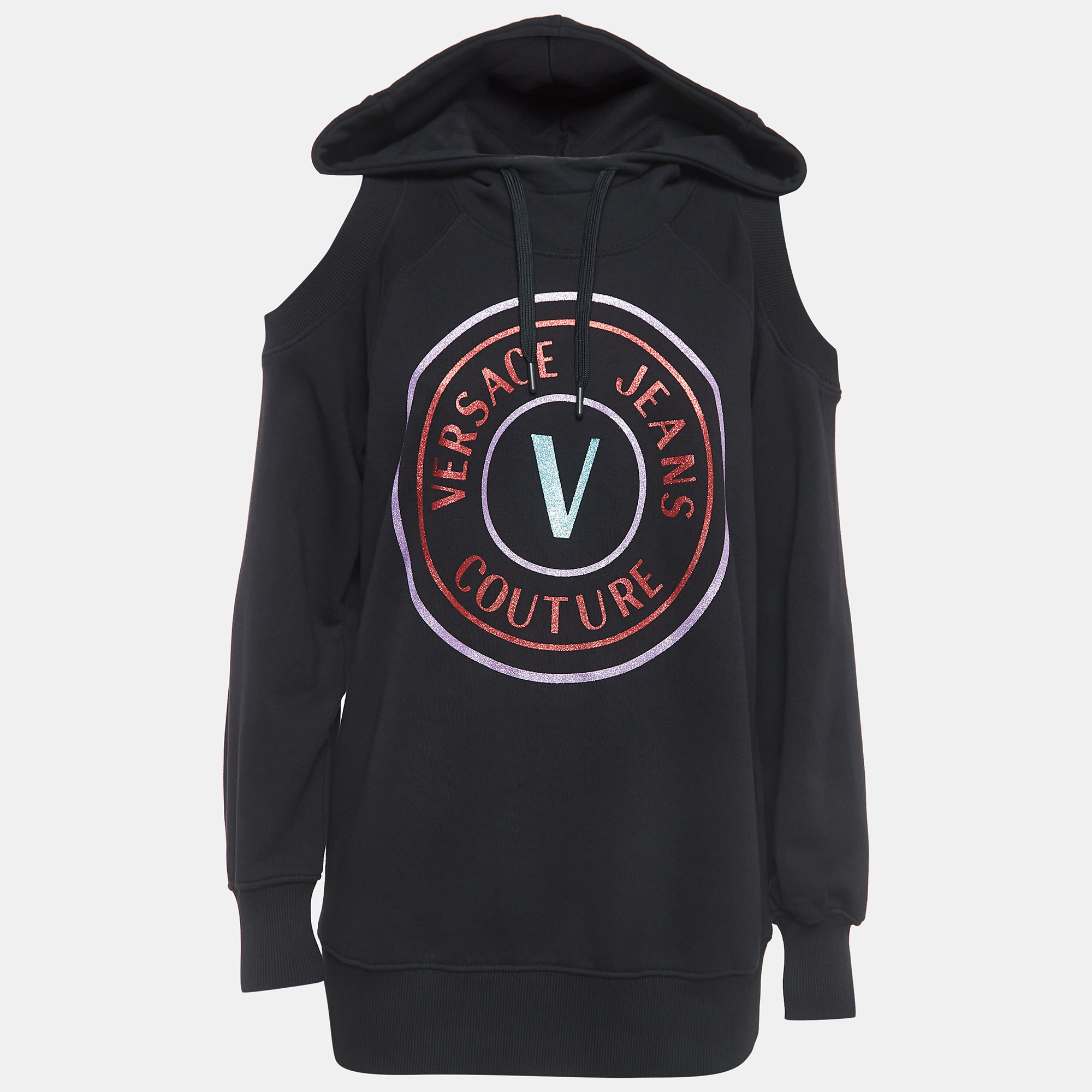 

Versace Jeans Couture Black Logo Print Cotton Cold Shoulder Hooded Sweatshirt