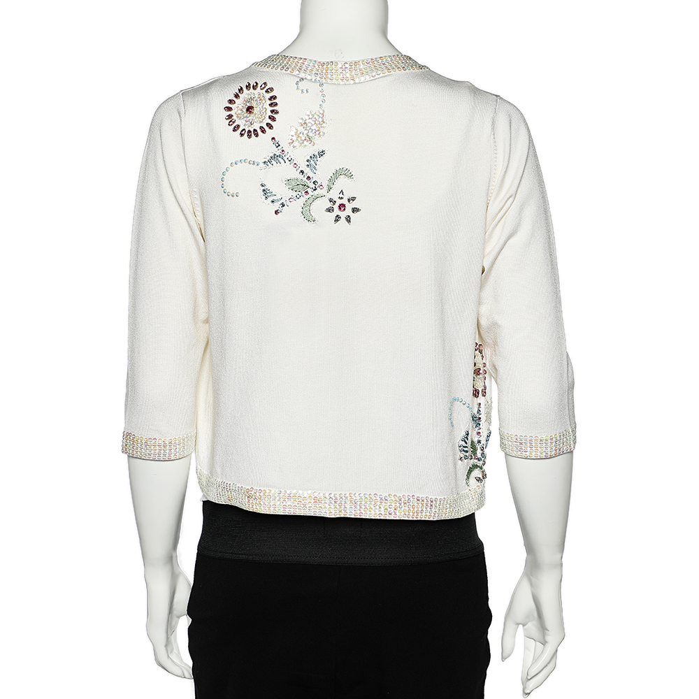 Versace Jeans Couture White Silk Knit Sequin Embellished Open Front Shrug L
