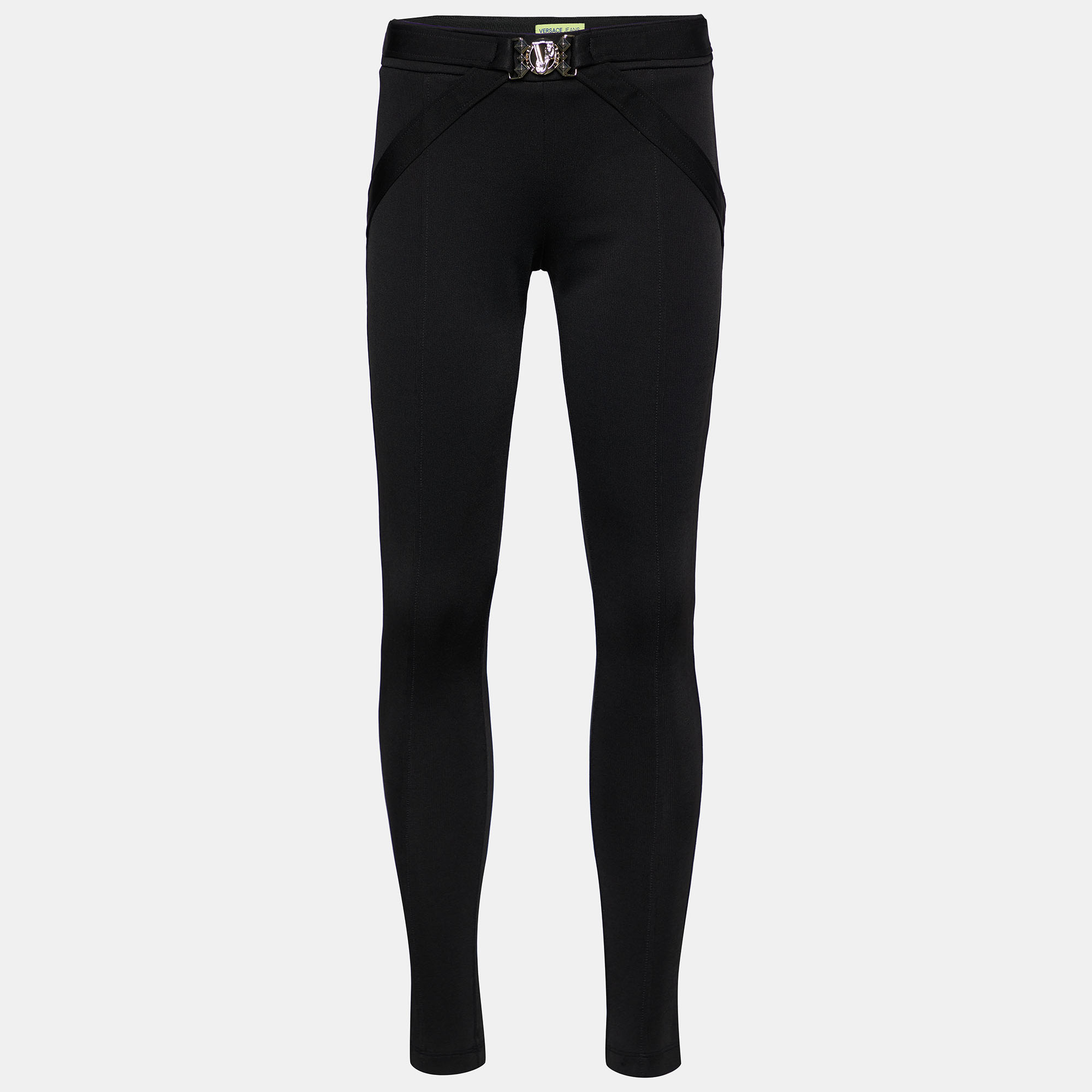 Versace Jeans Black Jersey Logo Buckle Detail Tapered Pants M