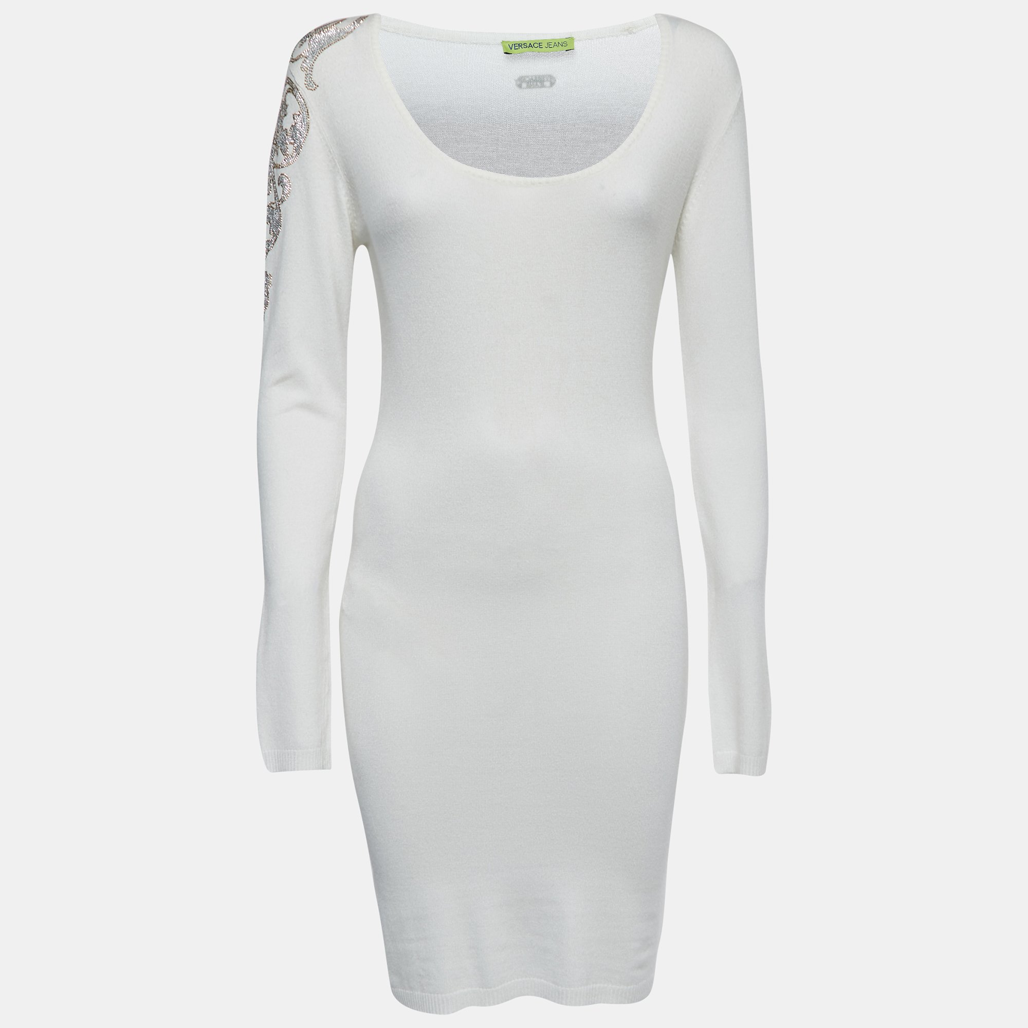 Versace Jeans White Knit Embellished Long Sleeve Bodycon Dress S