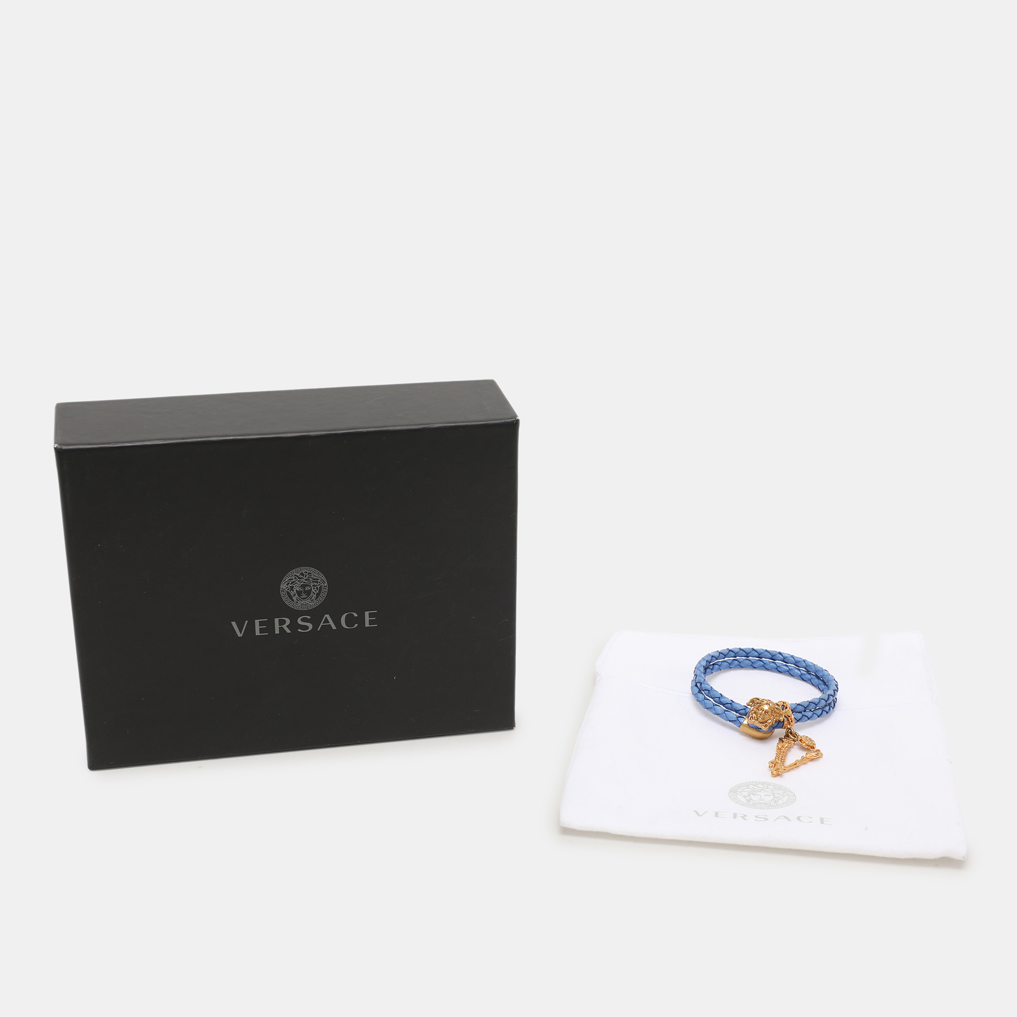 Versace Blue Braided Leather Medusa Bracelet