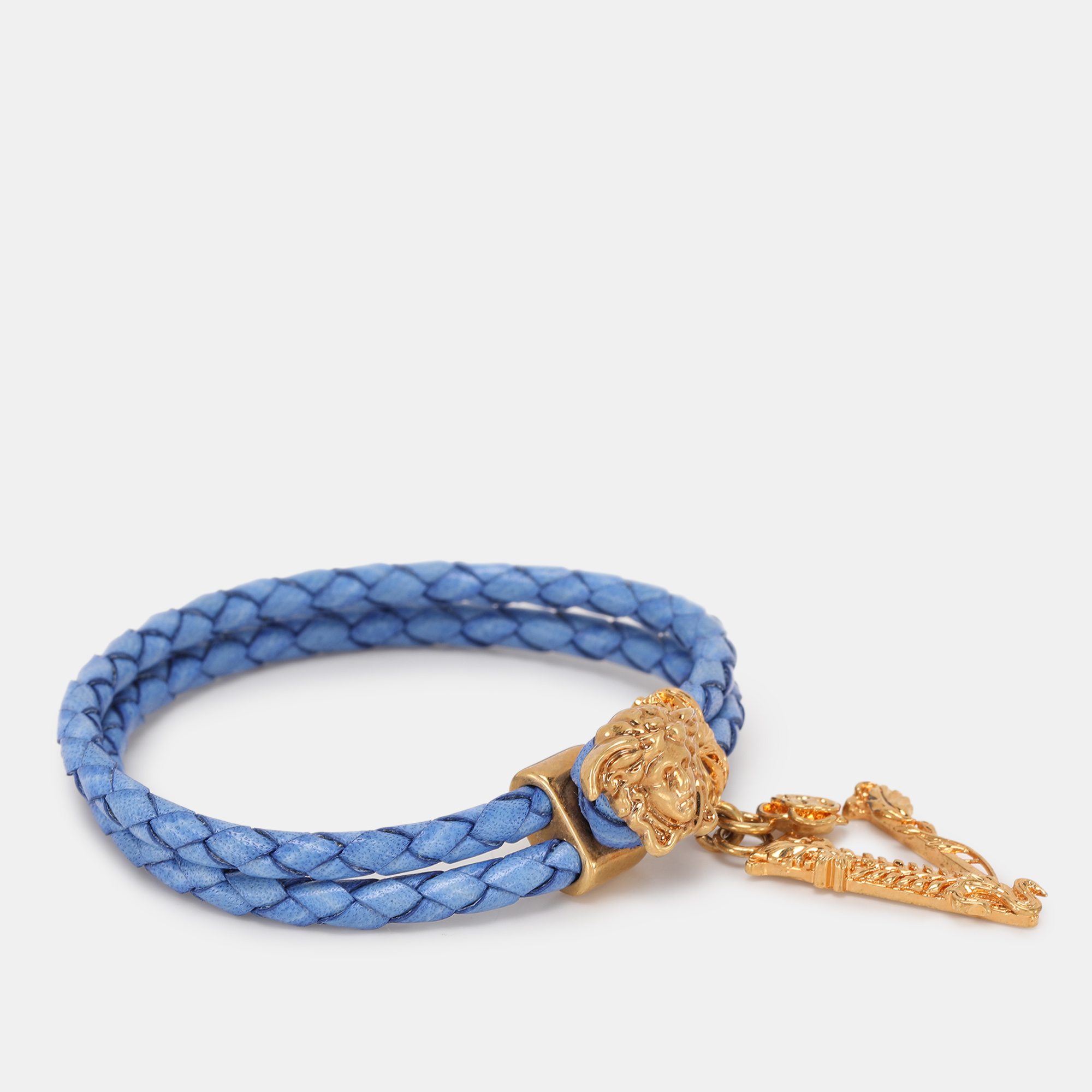 Versace Blue Braided Leather Medusa Bracelet