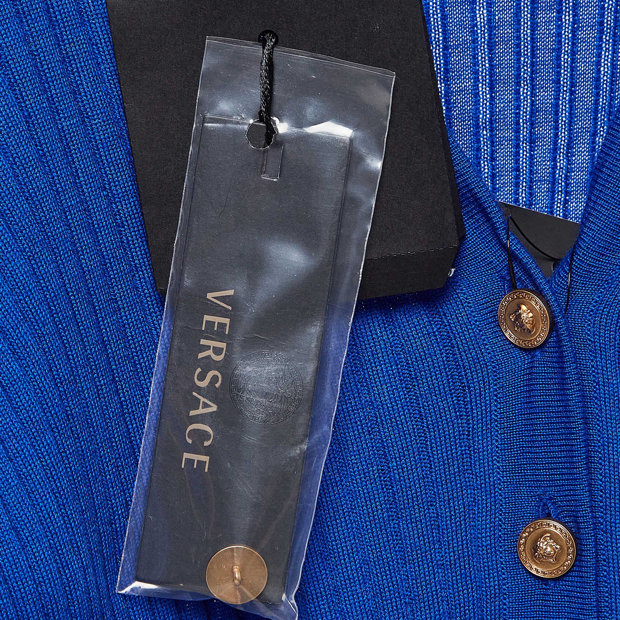 Versace Blue Rib Knit Wool Full Sleeves Button Detail Sweater M