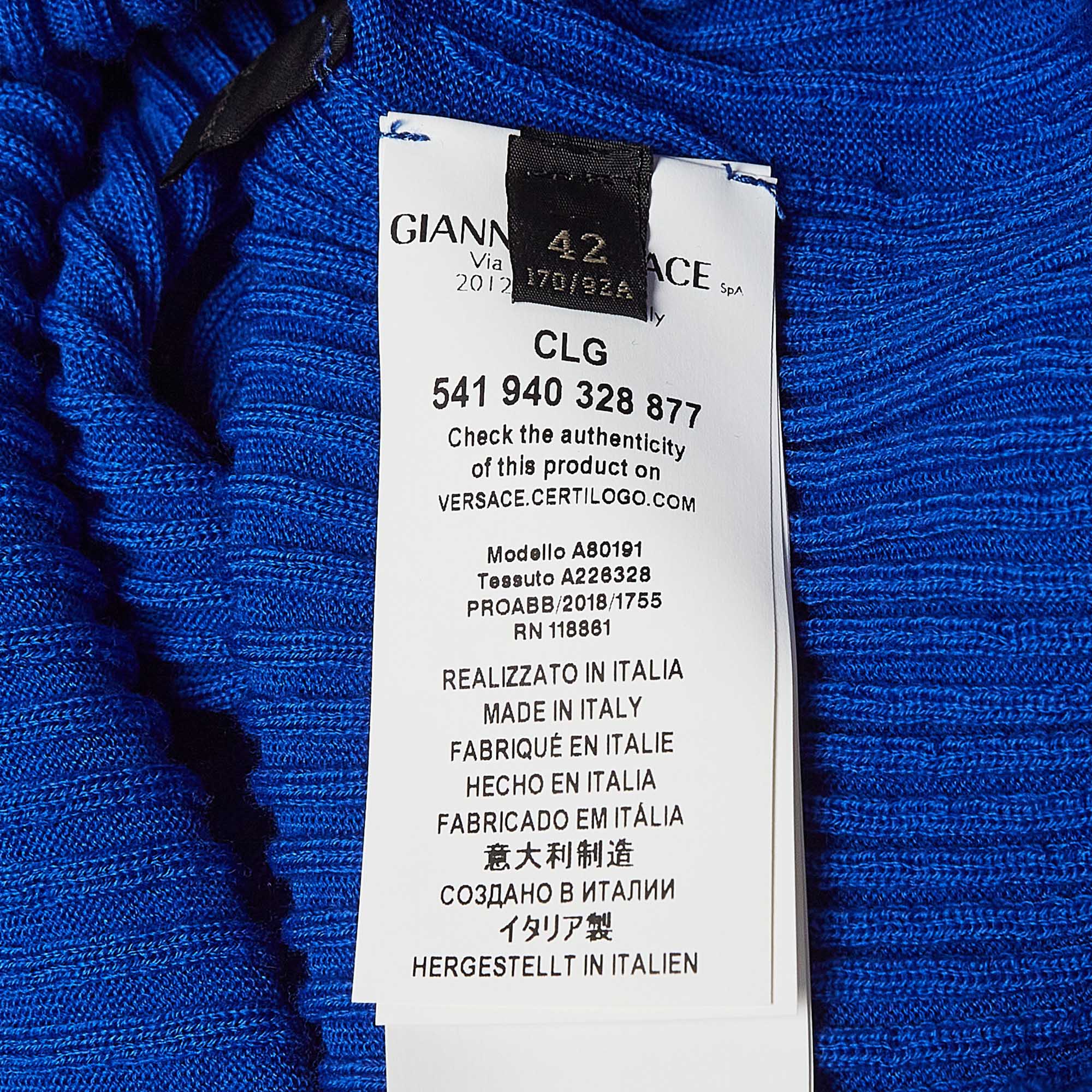 Versace Blue Rib Knit Wool Full Sleeves Button Detail Sweater M