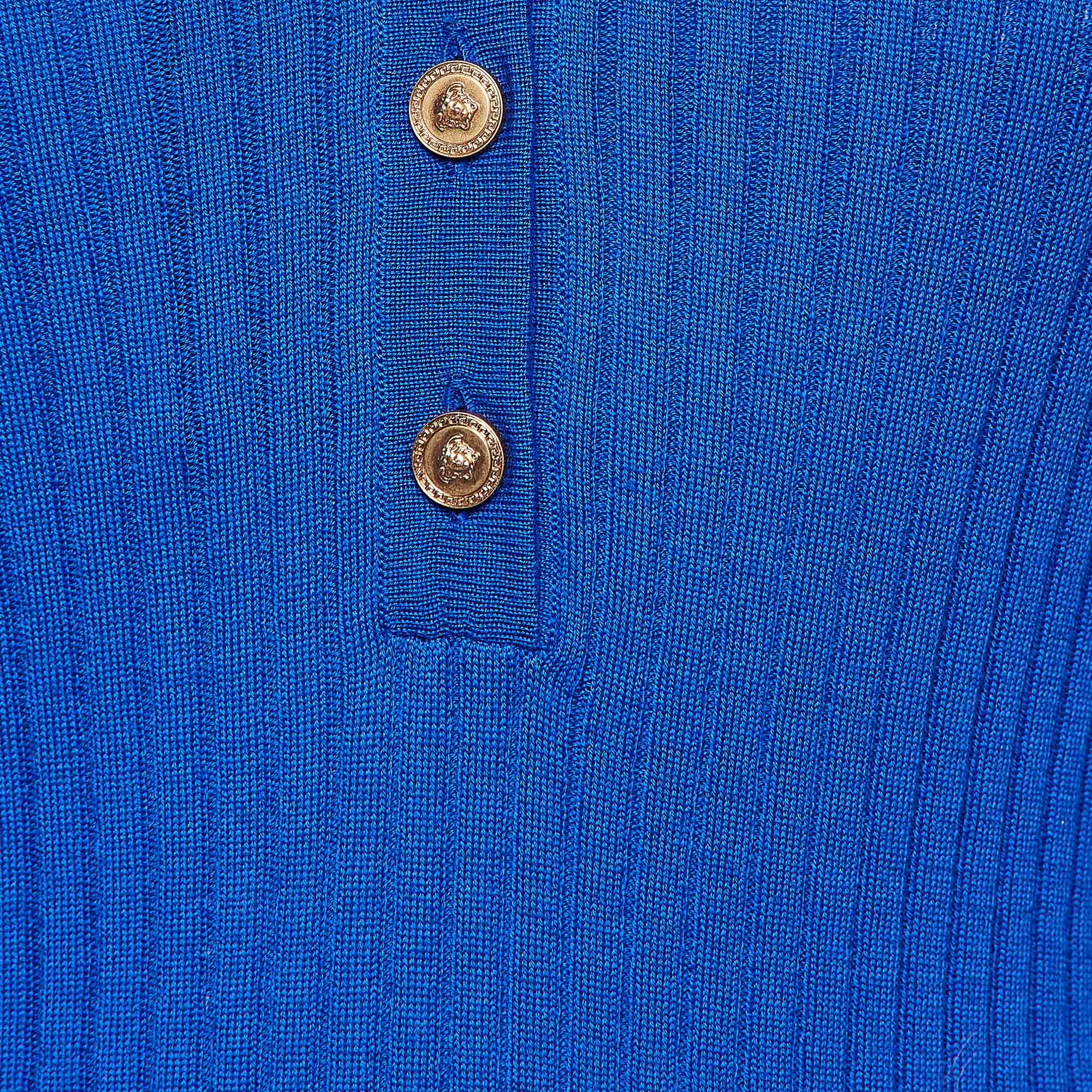 Versace Blue Rib Knit Wool Full Sleeves Button Detail Sweater M