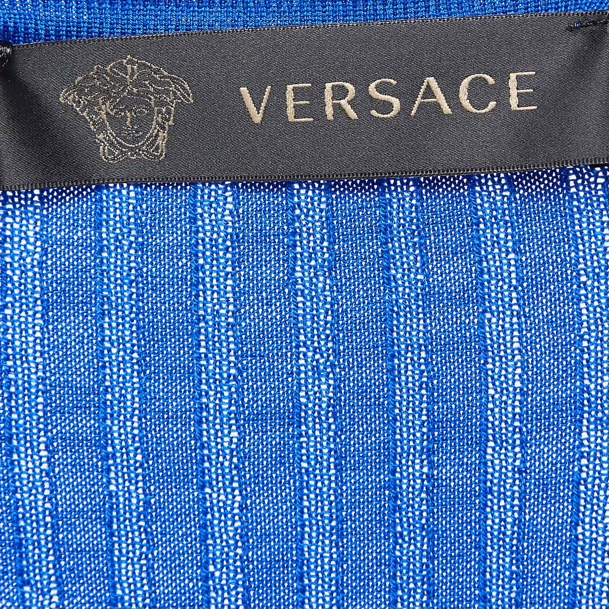 Versace Blue Rib Knit Wool Full Sleeves Button Detail Sweater M