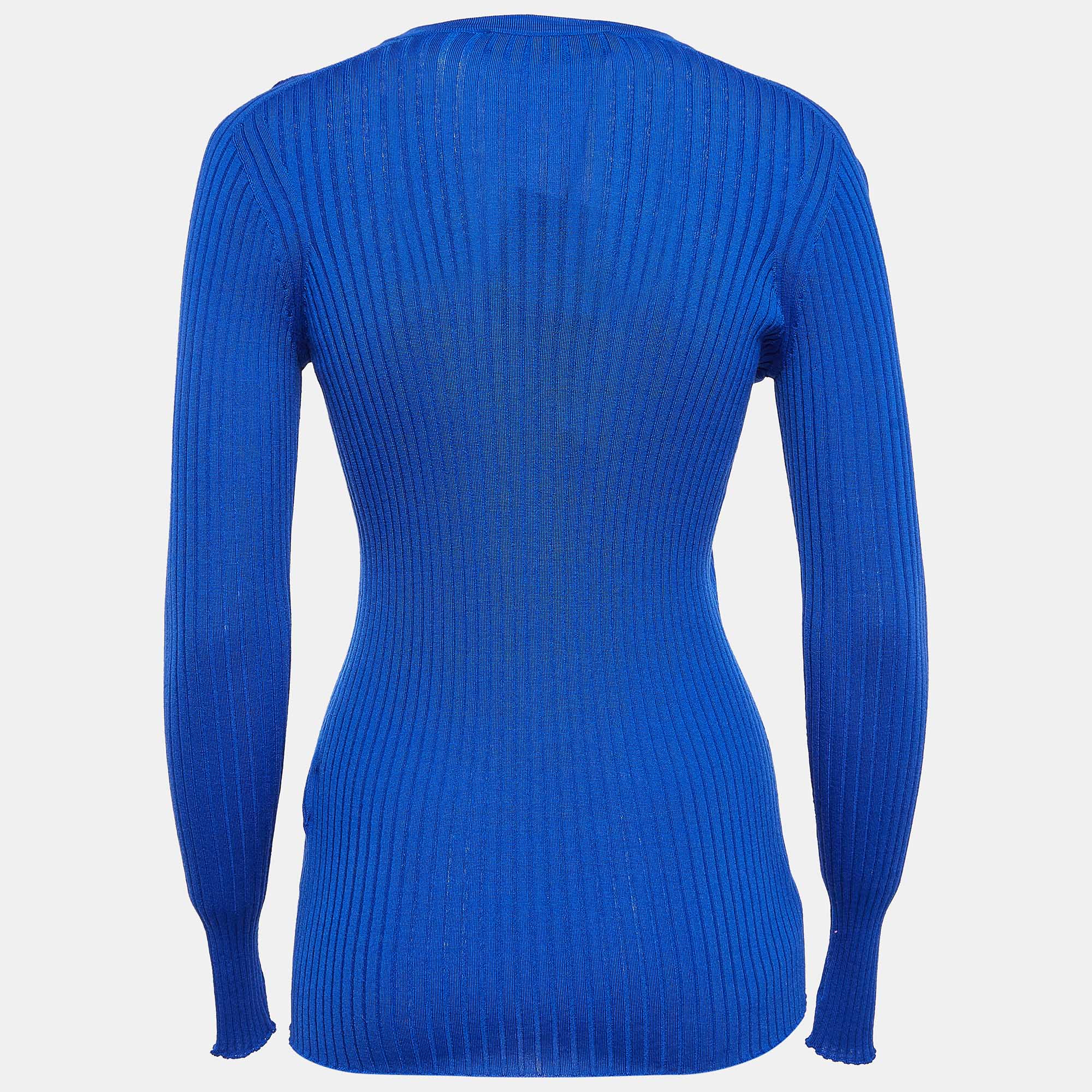 Versace Blue Rib Knit Wool Full Sleeves Button Detail Sweater M