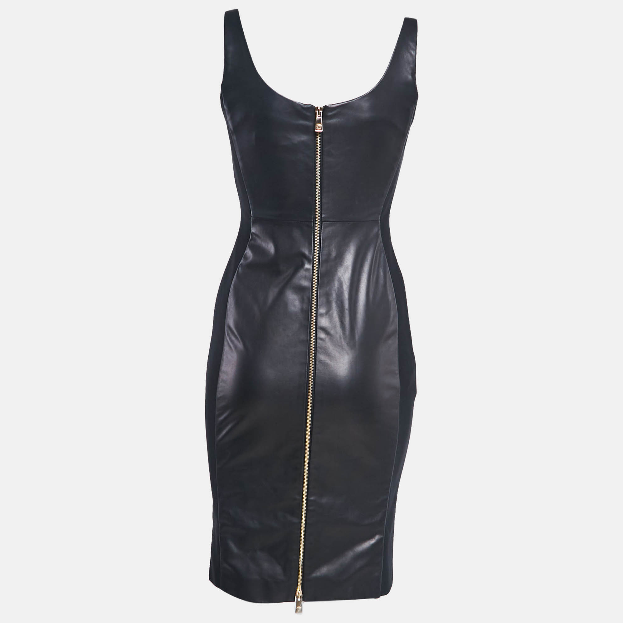 Versace Black Leather And Jersey Zip-Up Bodycon Mini Dress XS