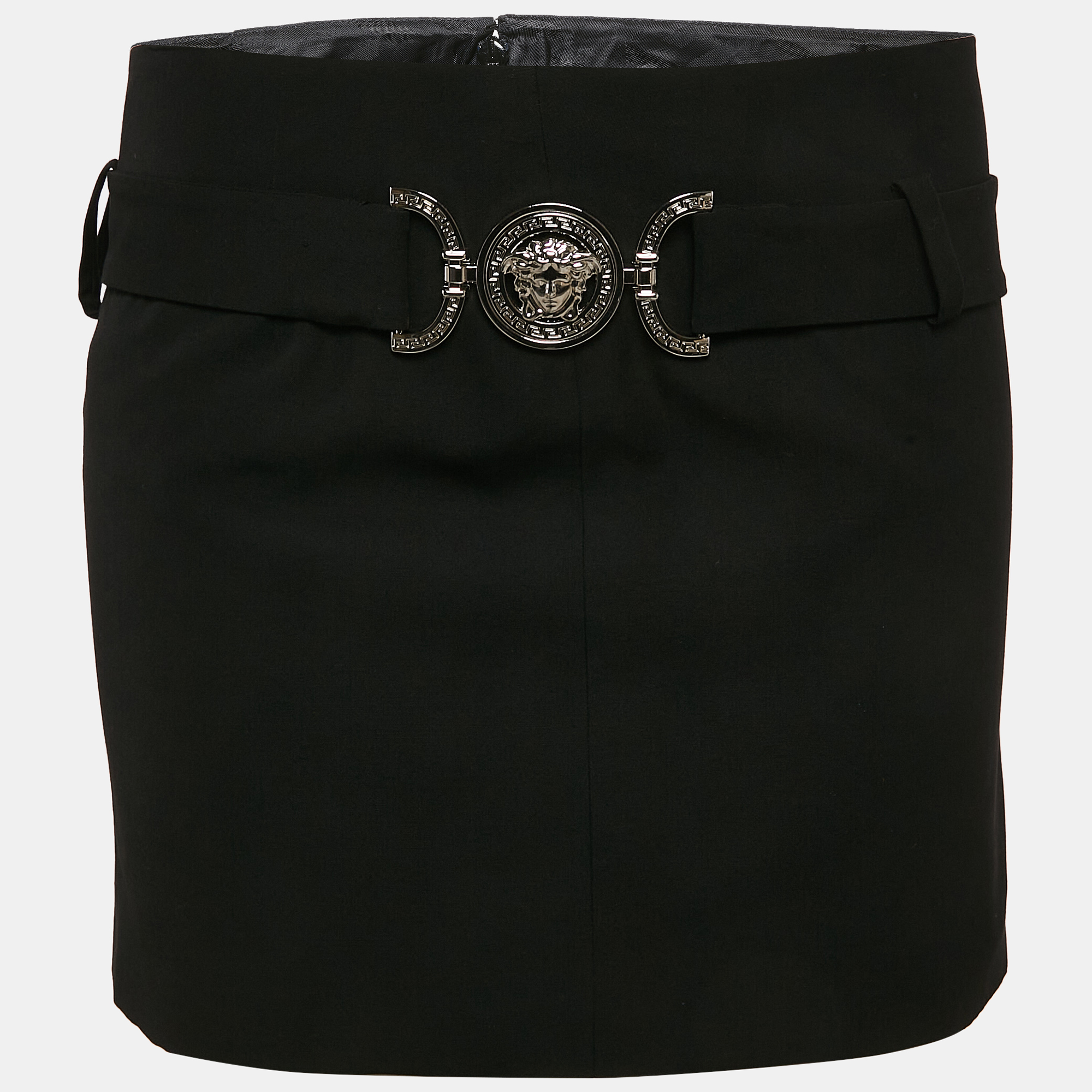 Versace Black Wool Medusa Detail Belt Mini Skirt S