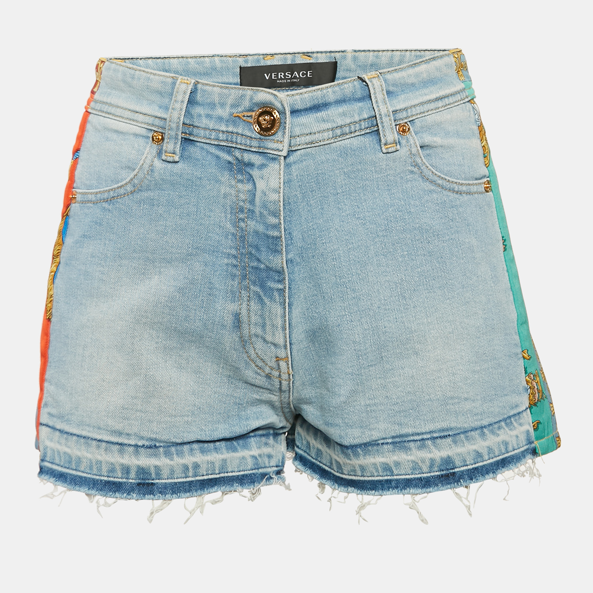 Versace Blue Denim Contrast Trimmed Low Waist Royal Rebellion Shorts S