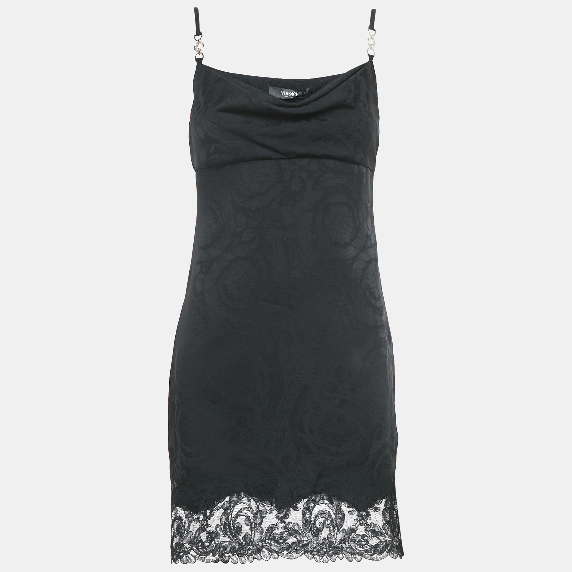 Versace Black Lace Trim Jacquard Satin Cowl Neck Mini Dress S
Versace Black Lace Trim Jacquard Satin Cowl Neck Mini Dress S