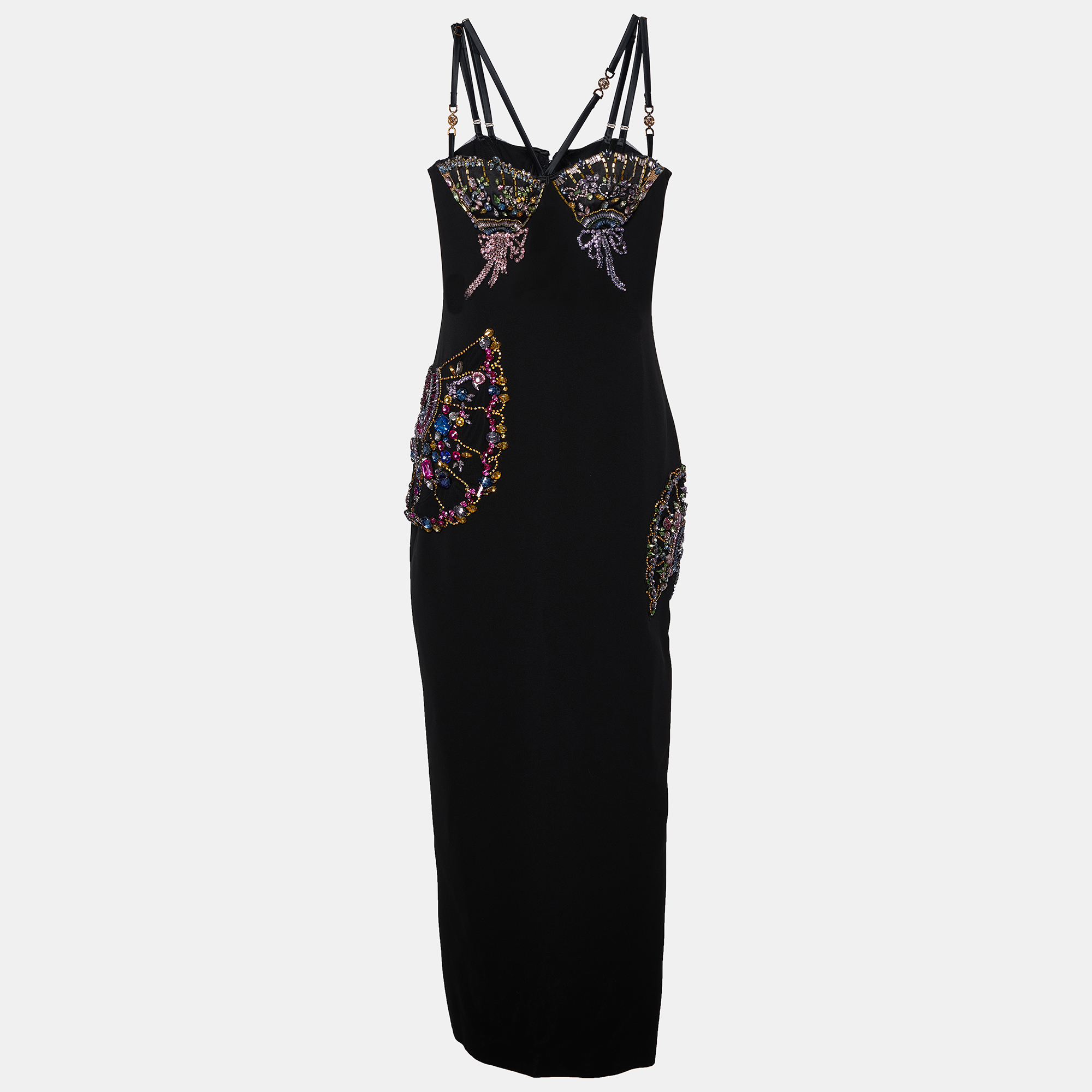 Versace black silk crepe crystal embellished strap gown m