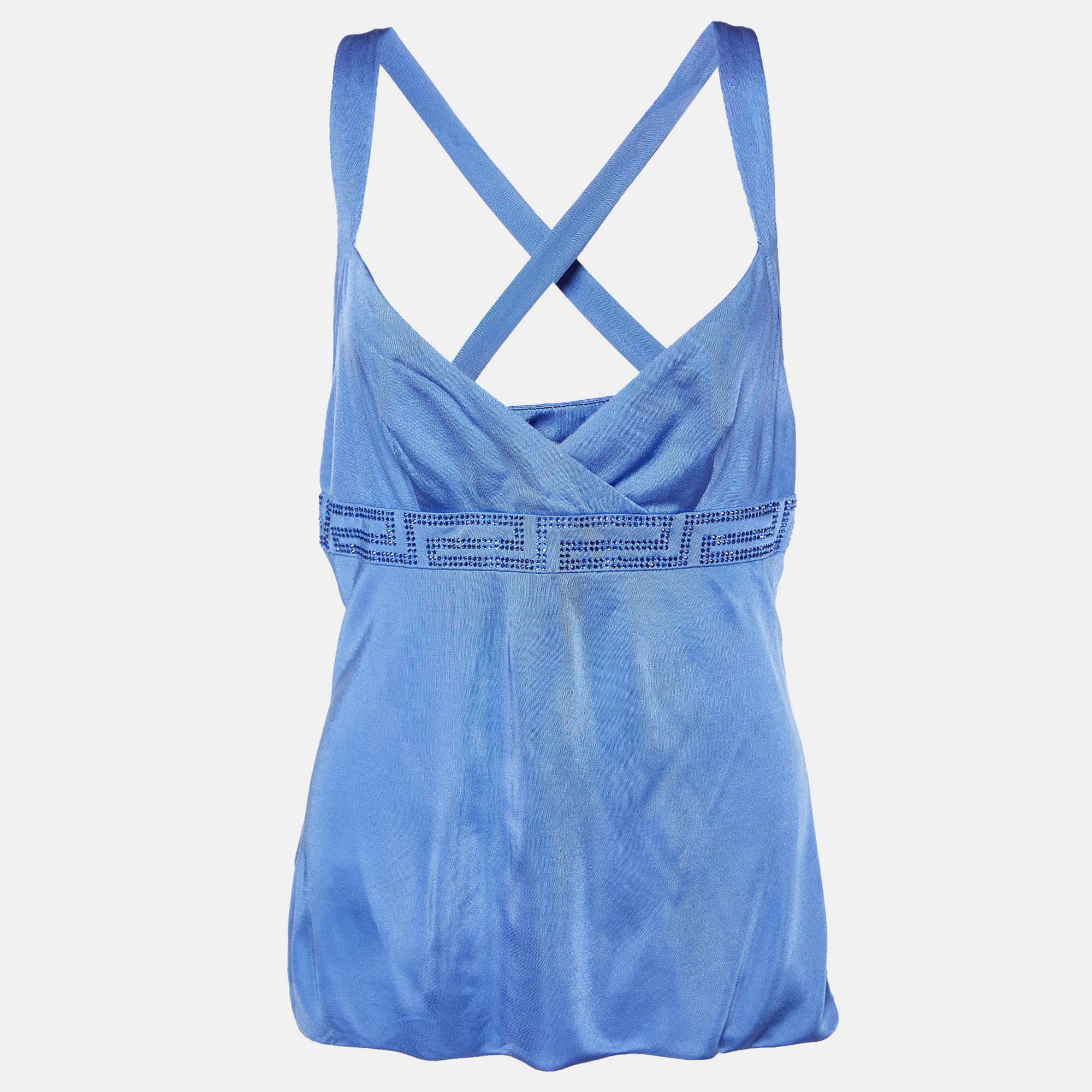 Versace Blue Jersey Crystal Greca Embellished Tank Top M