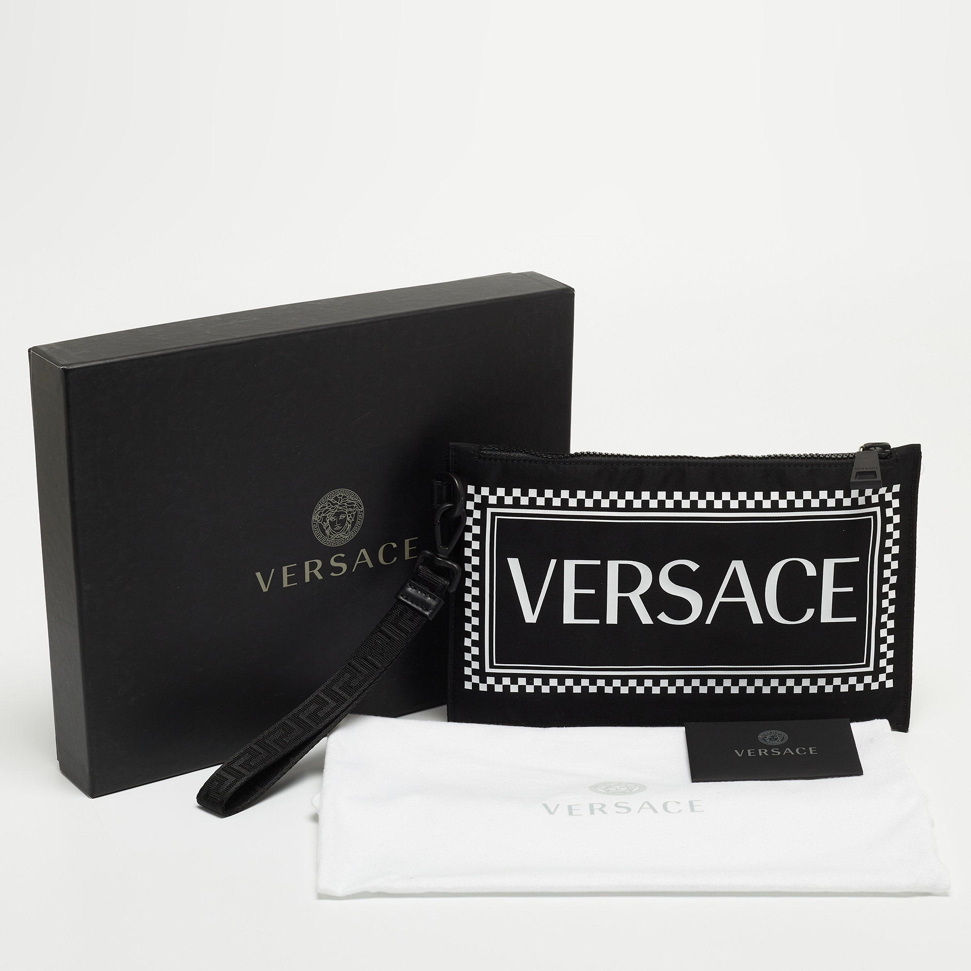 Versace Black/White Nylon Logo Slim Wristlet Pouch