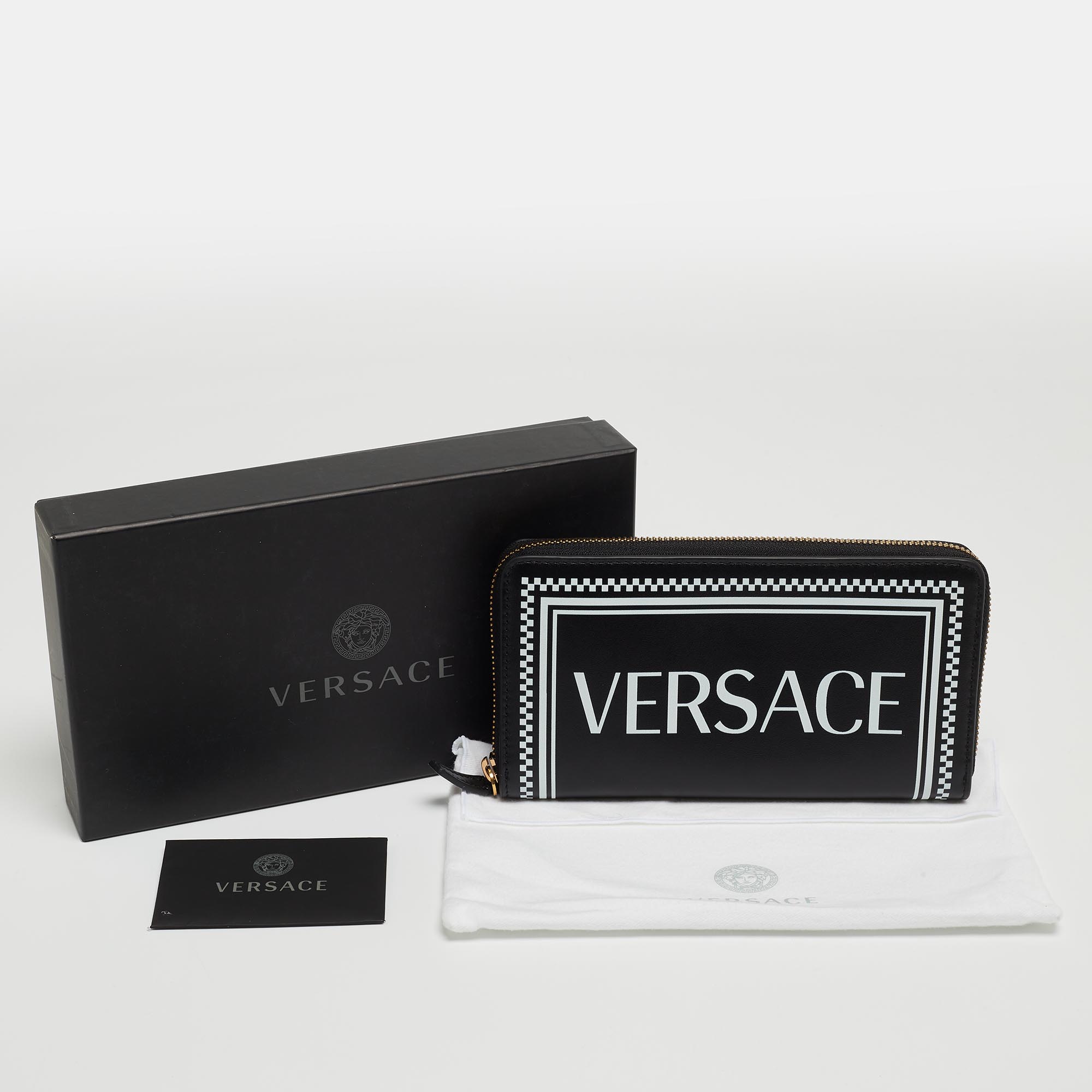 Versace Black Leather Logo Zip Around Continental Wallet
