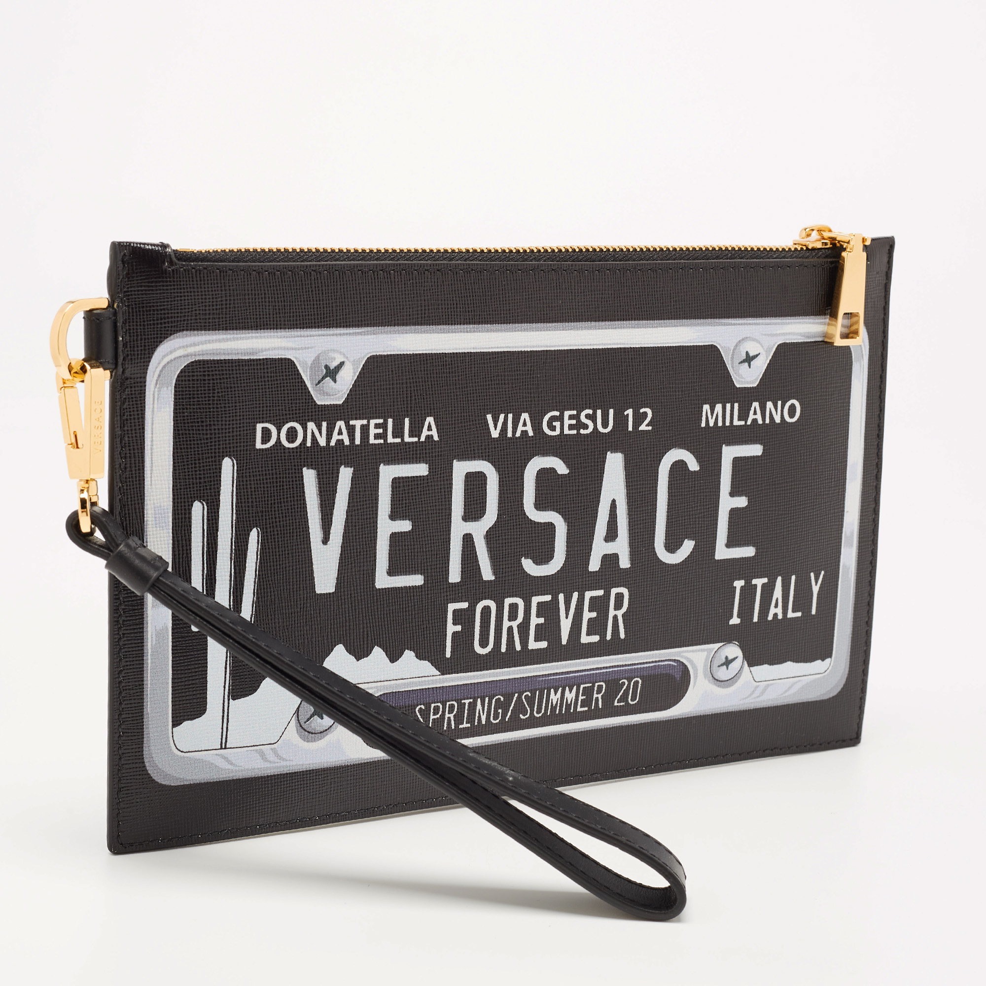 Versace Black Leather Number Plate Wristlet Pouch