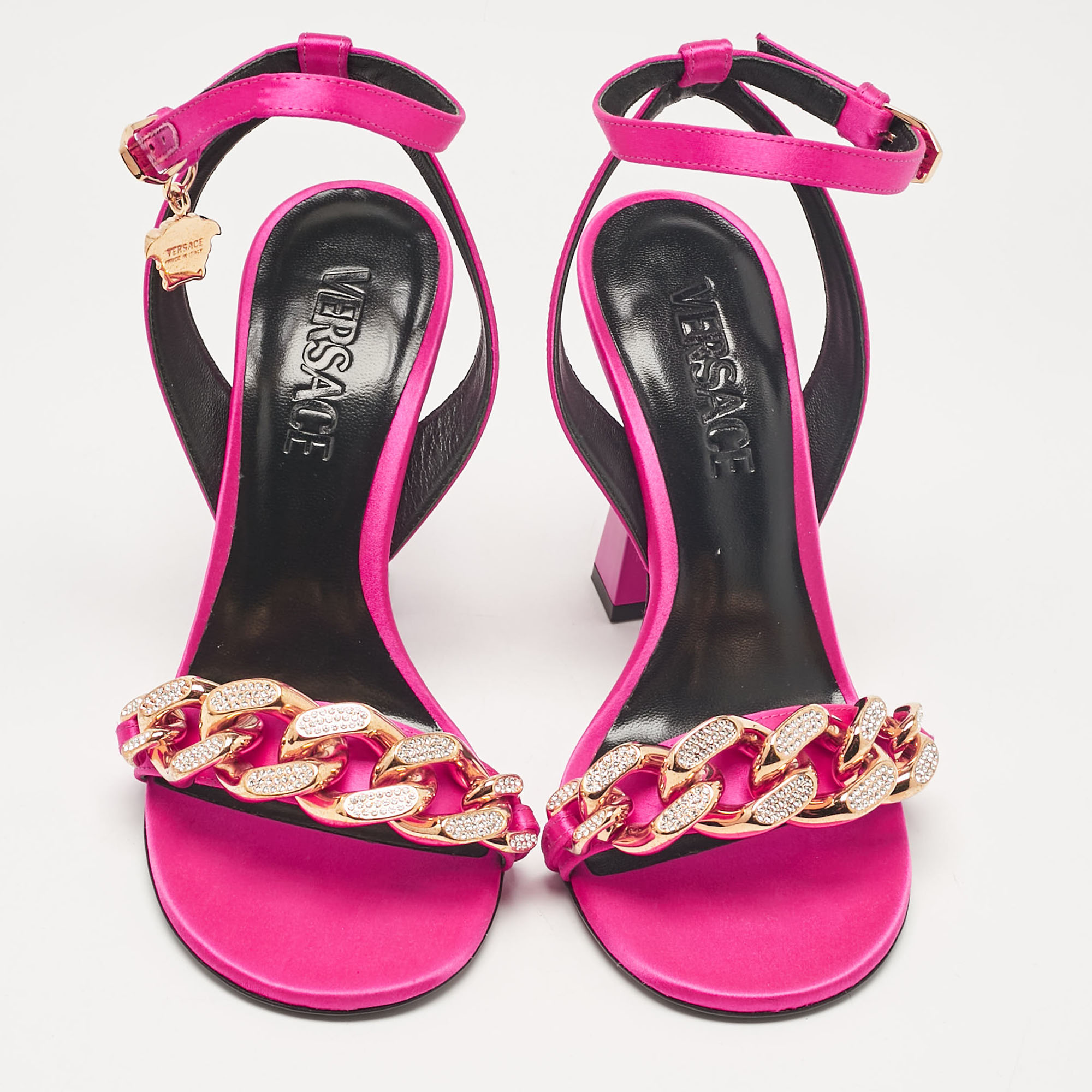 Versace Pink Satin Medusa Chain Ankle Strap Sandals Size 36