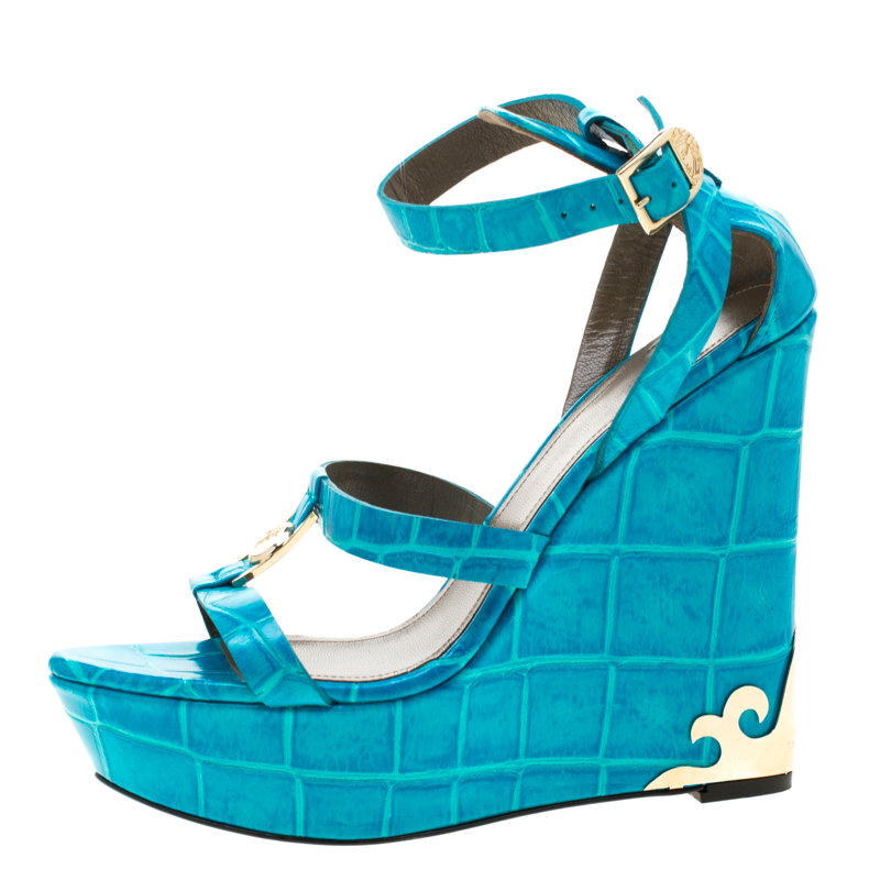

Versace Collection Turquoise Croc Embossed Leather Ankle Strap Wedge Platform Sandals Size, Blue