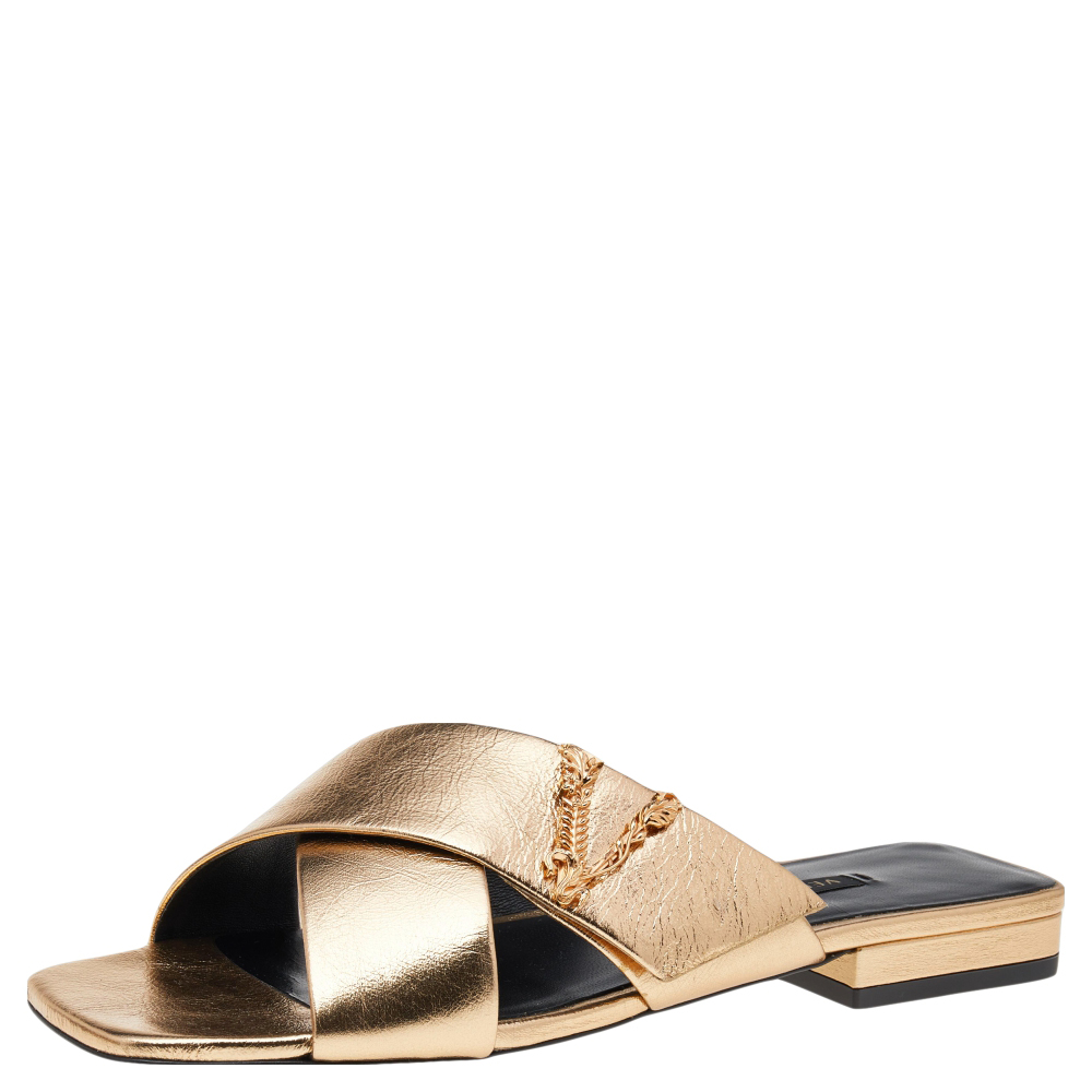 Versace Gold Leather Crisscross Slide Sandals size 38