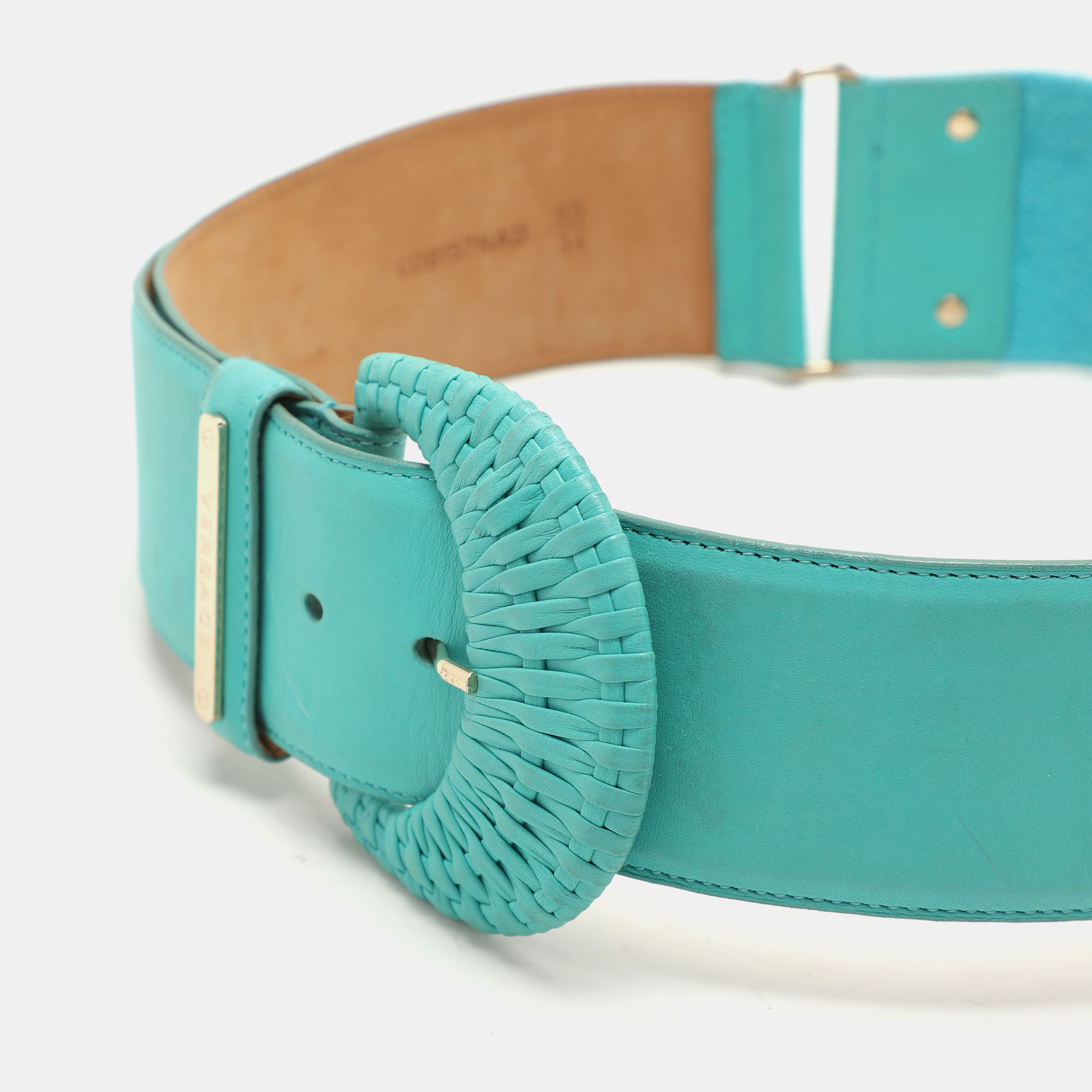 Versace Turquoise Leather And Stretch Fabric Waist Belt 85CM