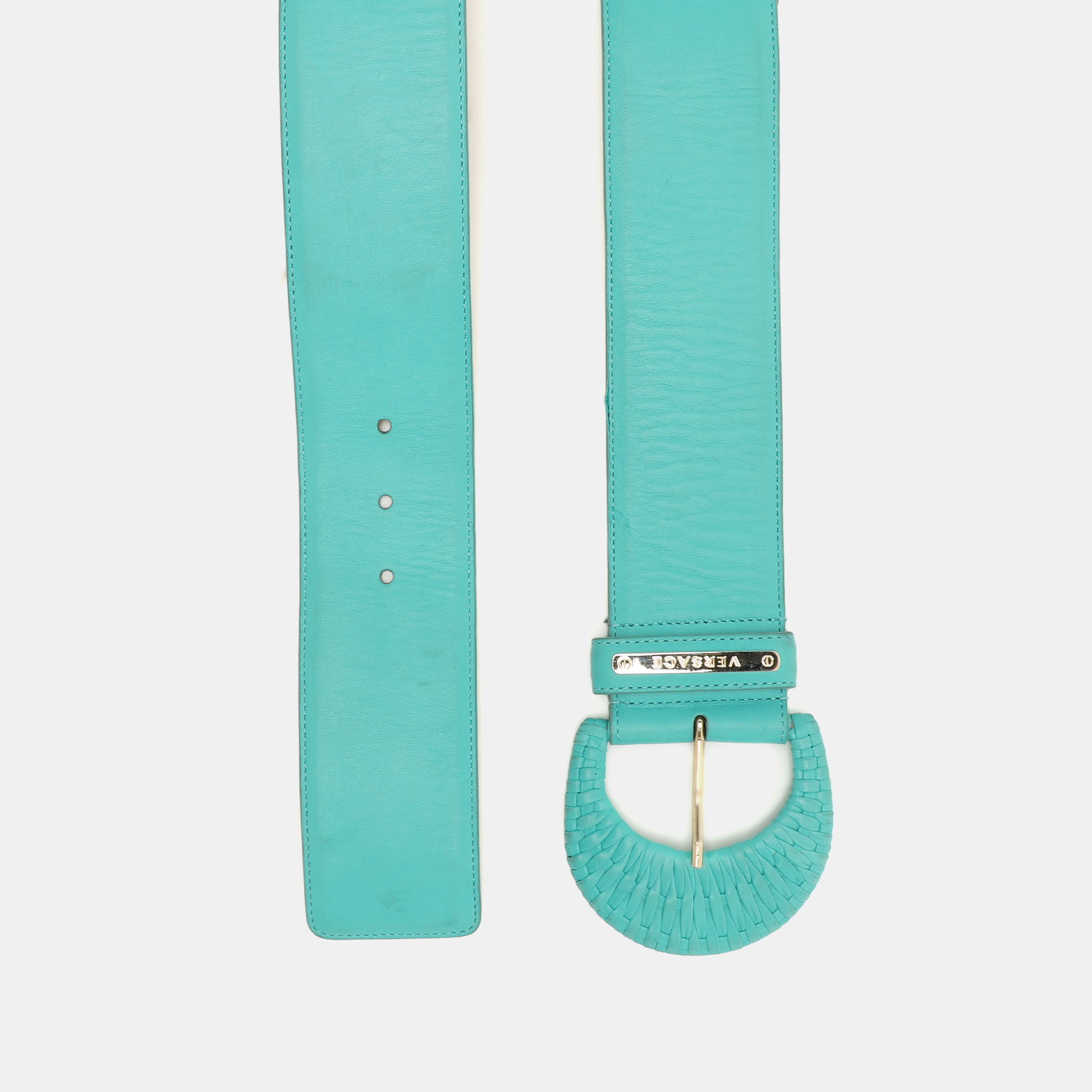 Versace Turquoise Leather And Stretch Fabric Waist Belt 85CM