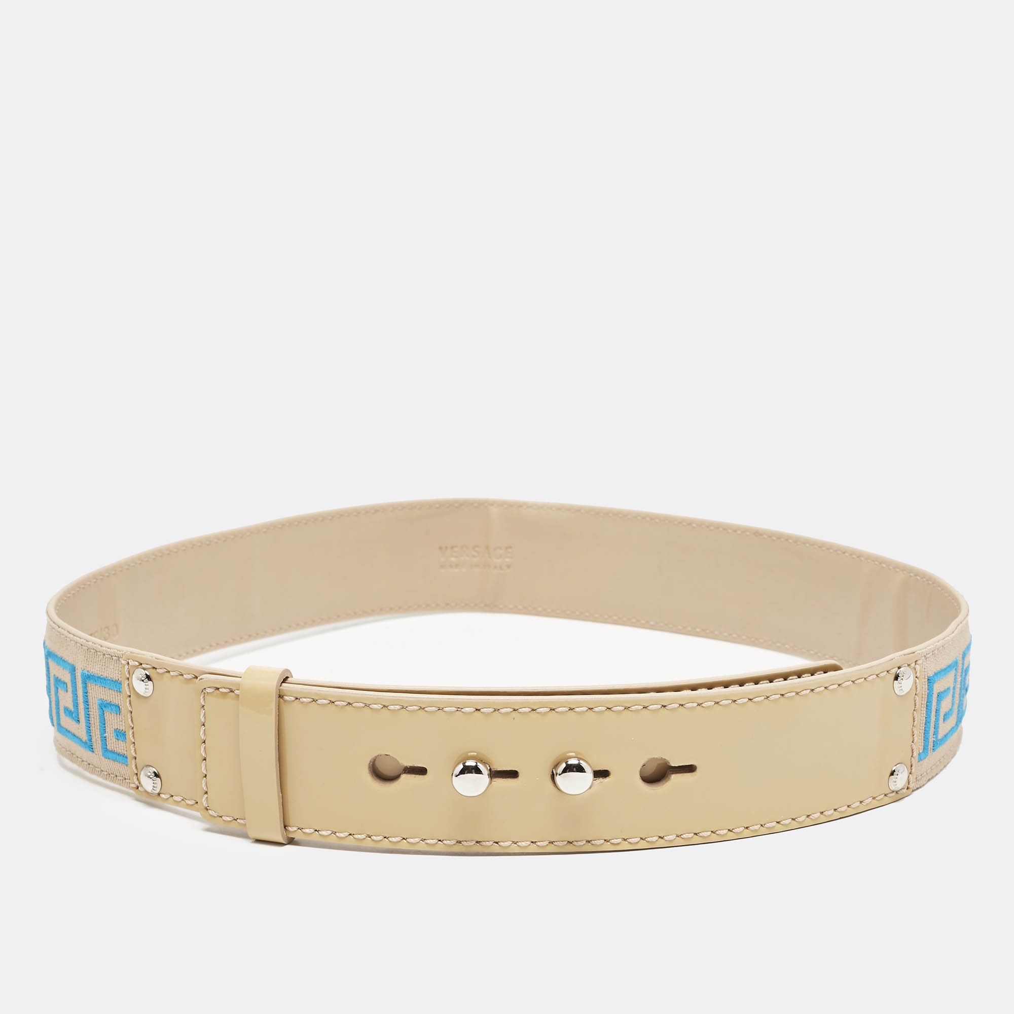 Versace Beige/Blue Canvas and Patent Leather Belt 75 CM