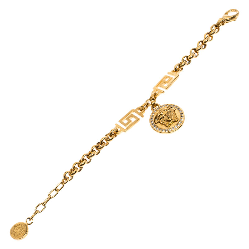 

Versace Gold Tone Crystal Medusa Medallion Greca Chain Bracelet