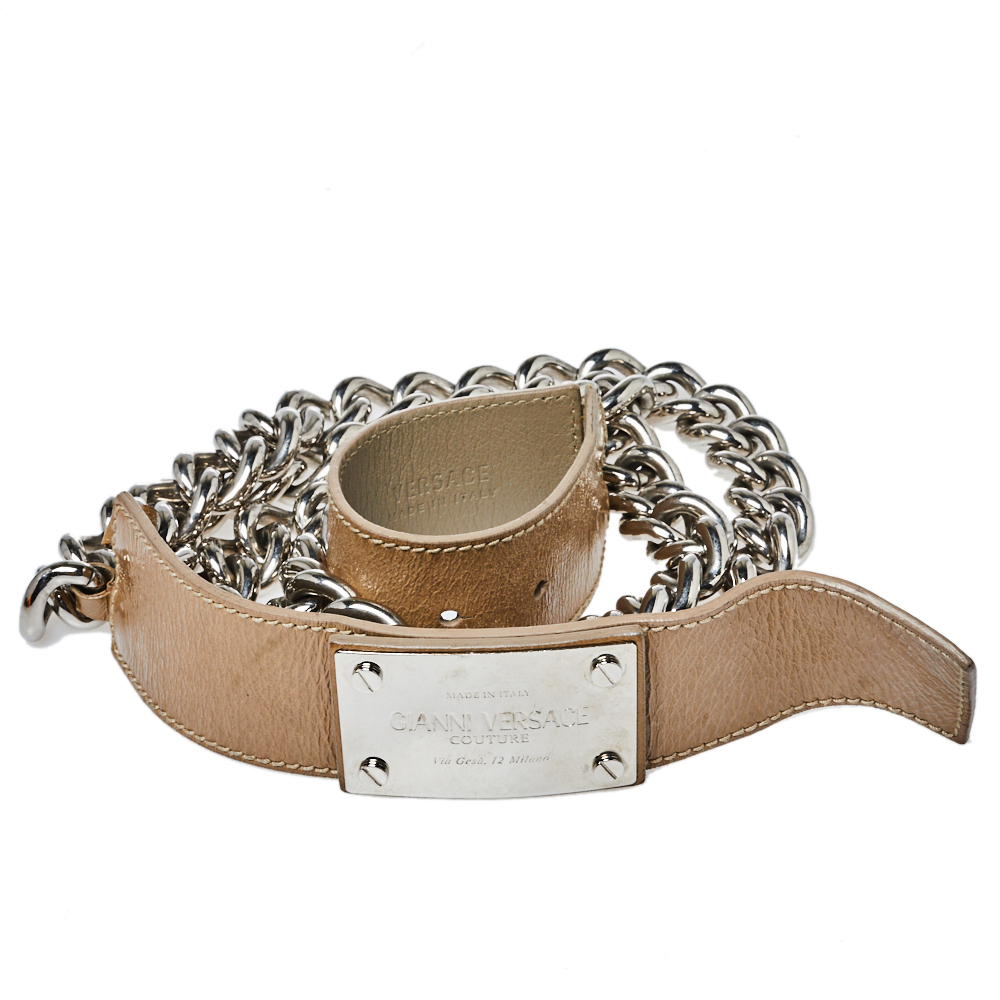Versace Beige Patent Leather And Chain Logo Plaque Belt 85CM