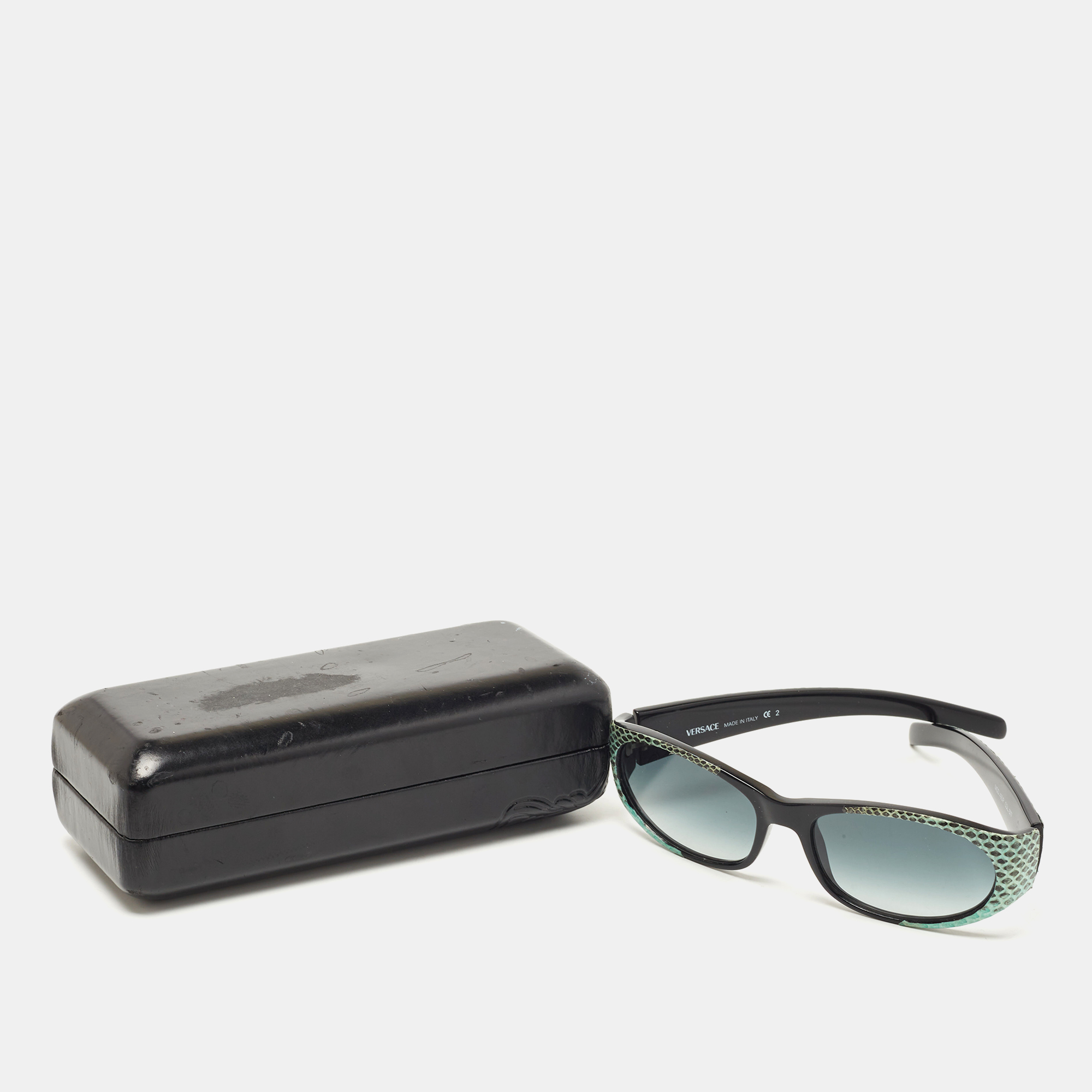 Versace Black/Green Watersnake Leather Rectangular Gradient Sunglasses