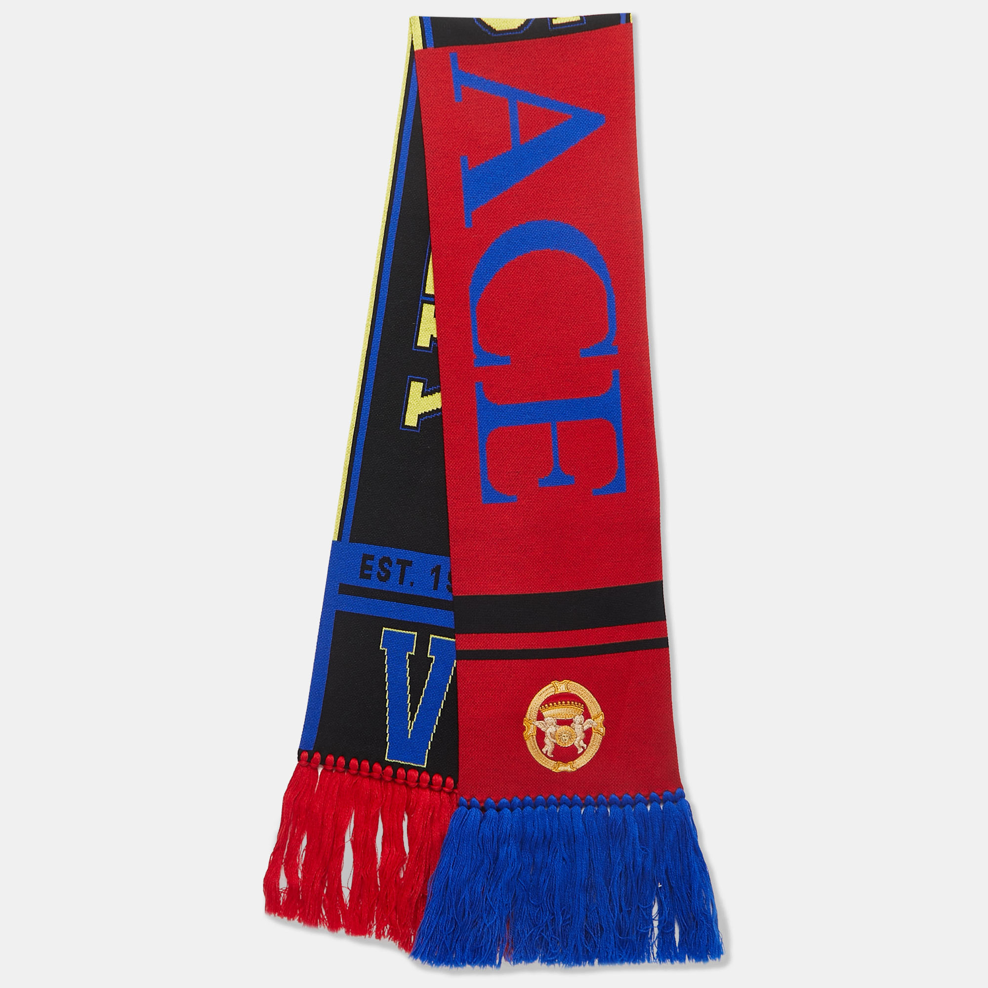 Versace Multicolor Logo Embroidered Wool Knit Fringed Scarf
