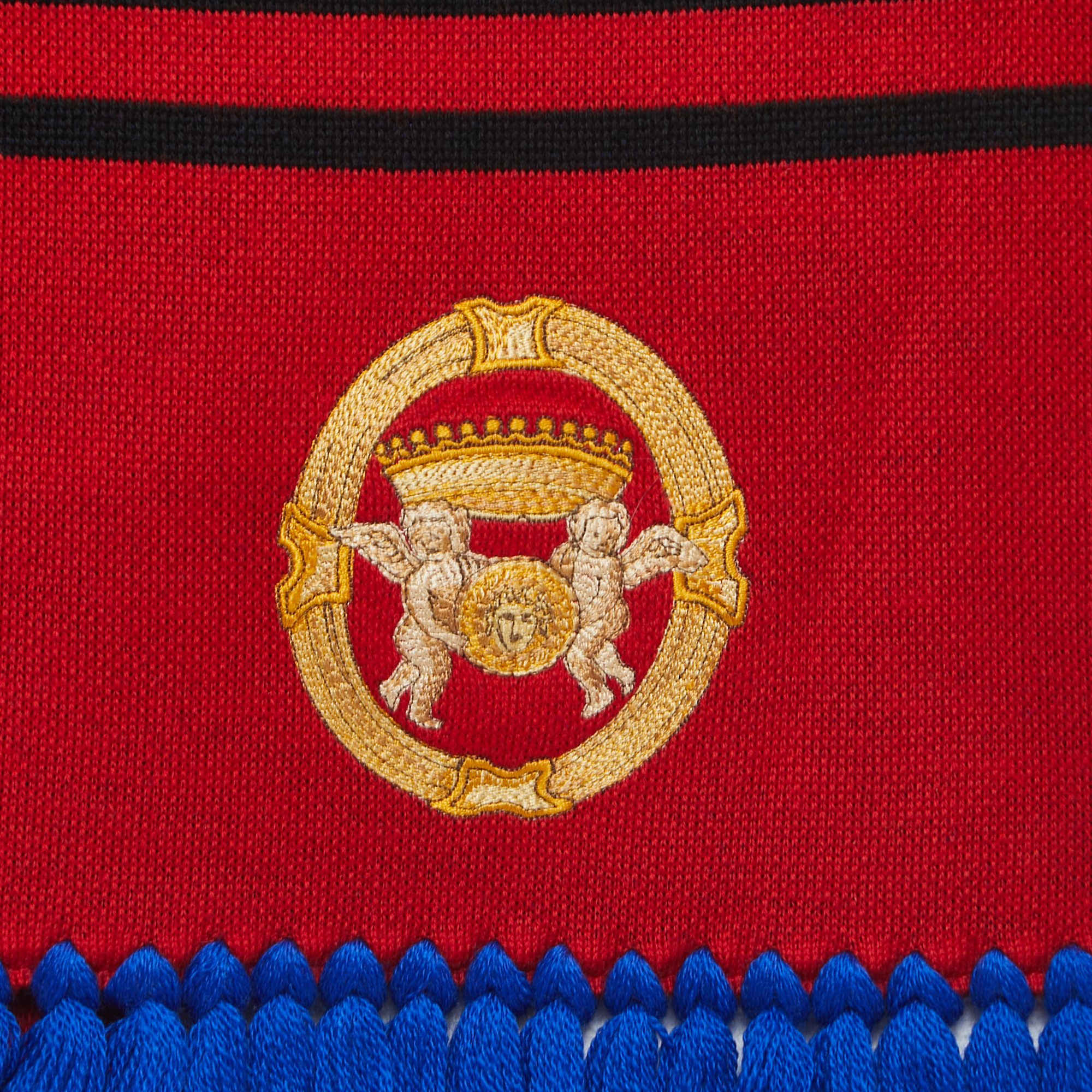 Versace Multicolor Logo Embroidered Wool Knit Fringed Scarf
