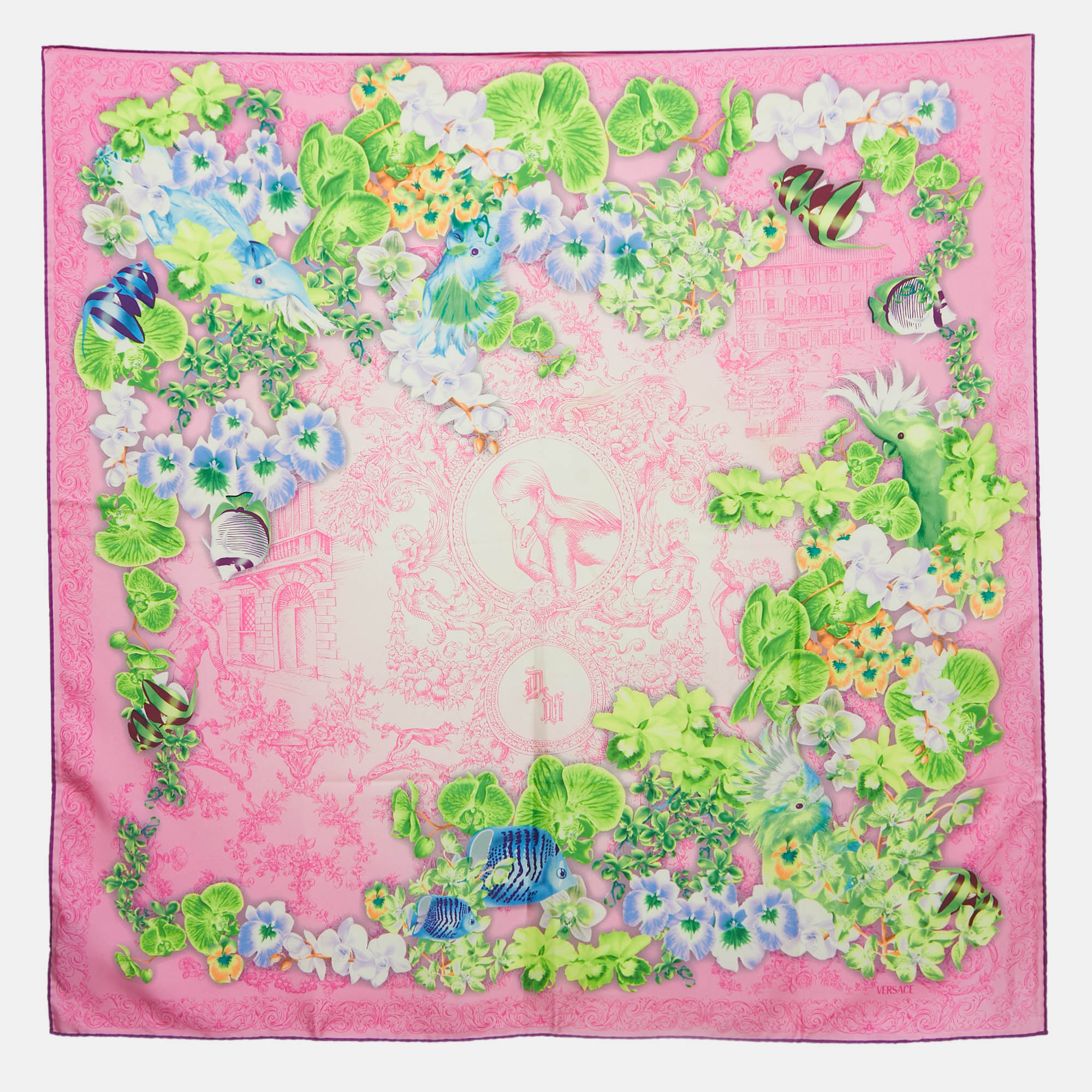 Versace Pink Floral Printed Silk Square Scarf