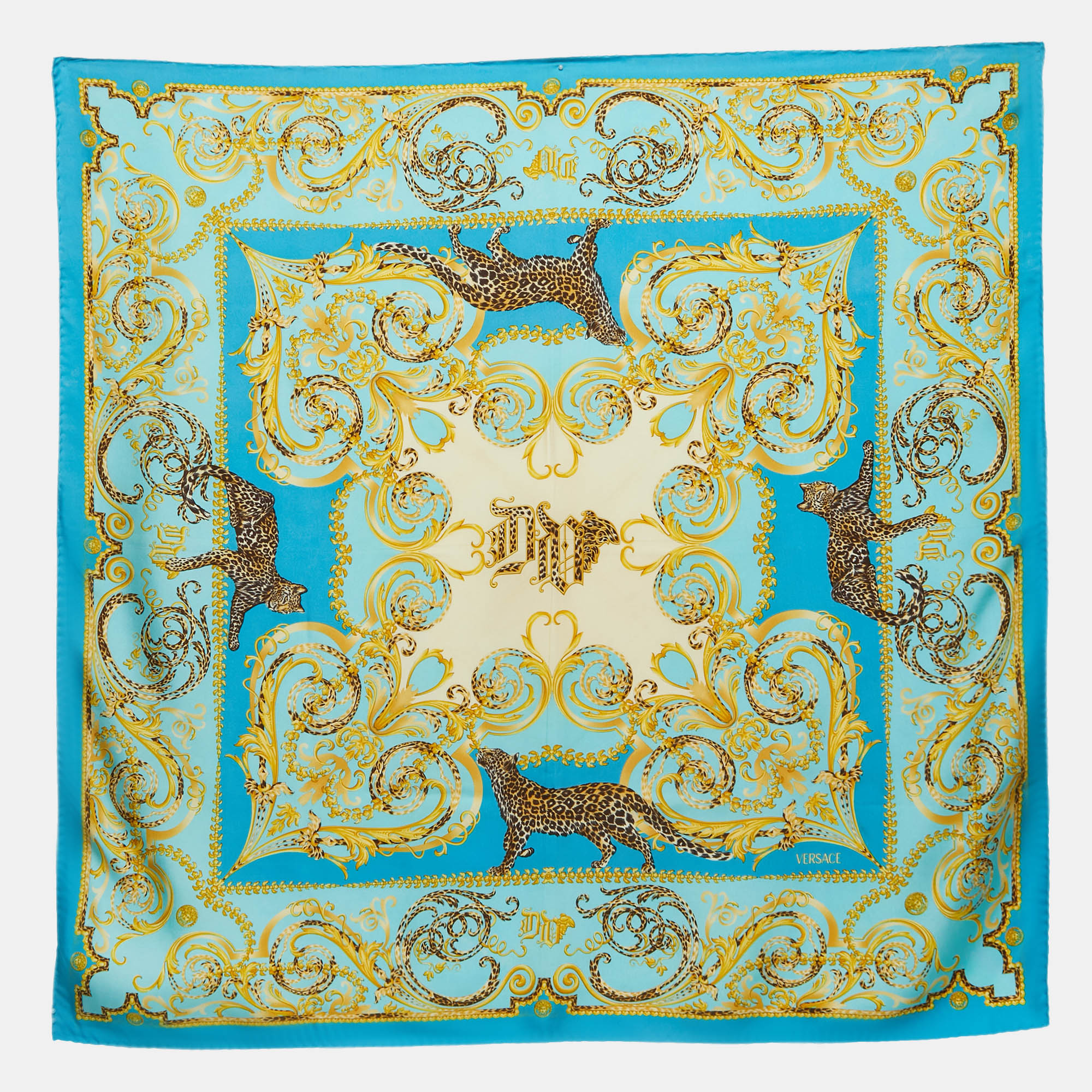 Gianni Versace Blue Baroque Leopard Printed Silk Square Scarf