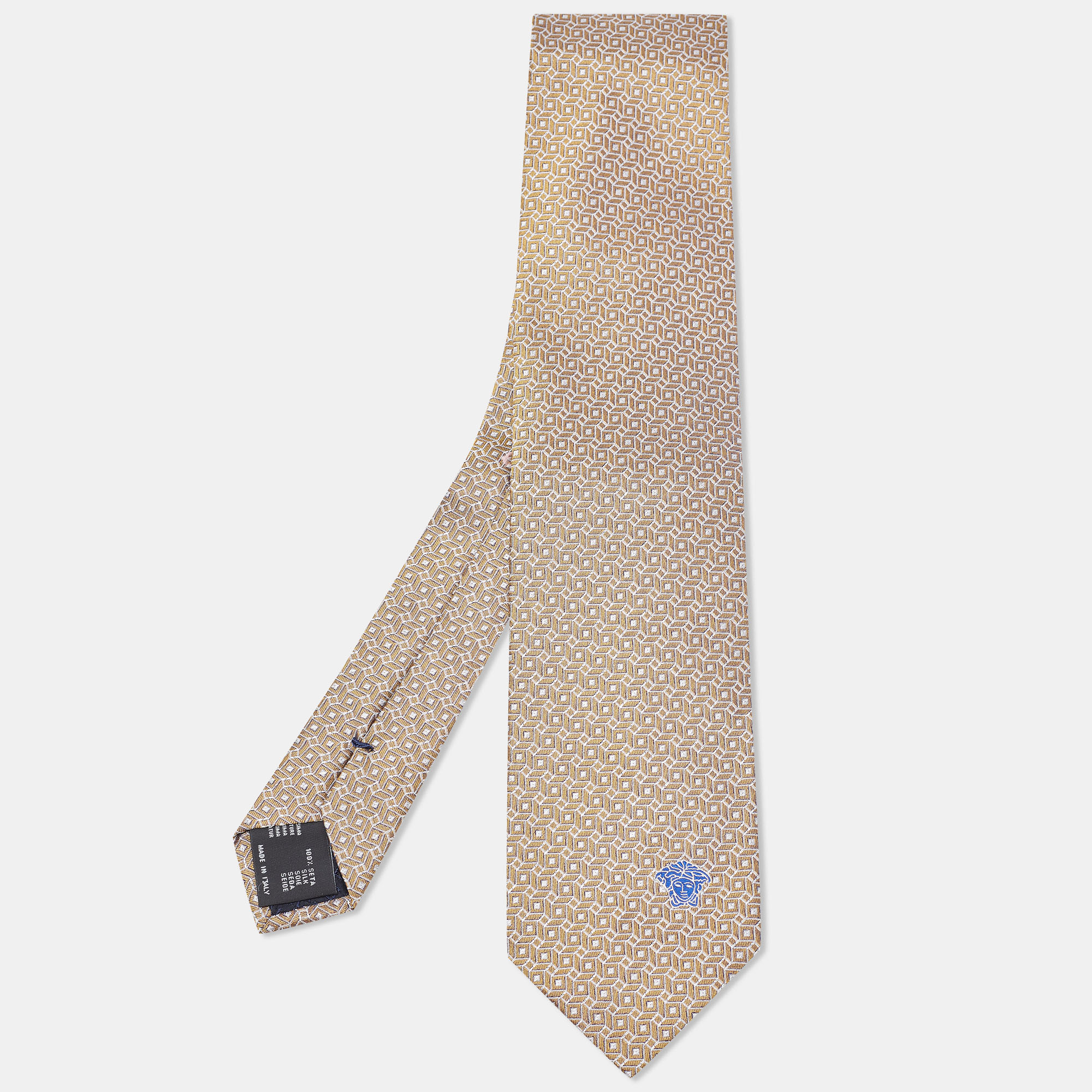 Versace Gold Geometric Pattern Silk Tie
