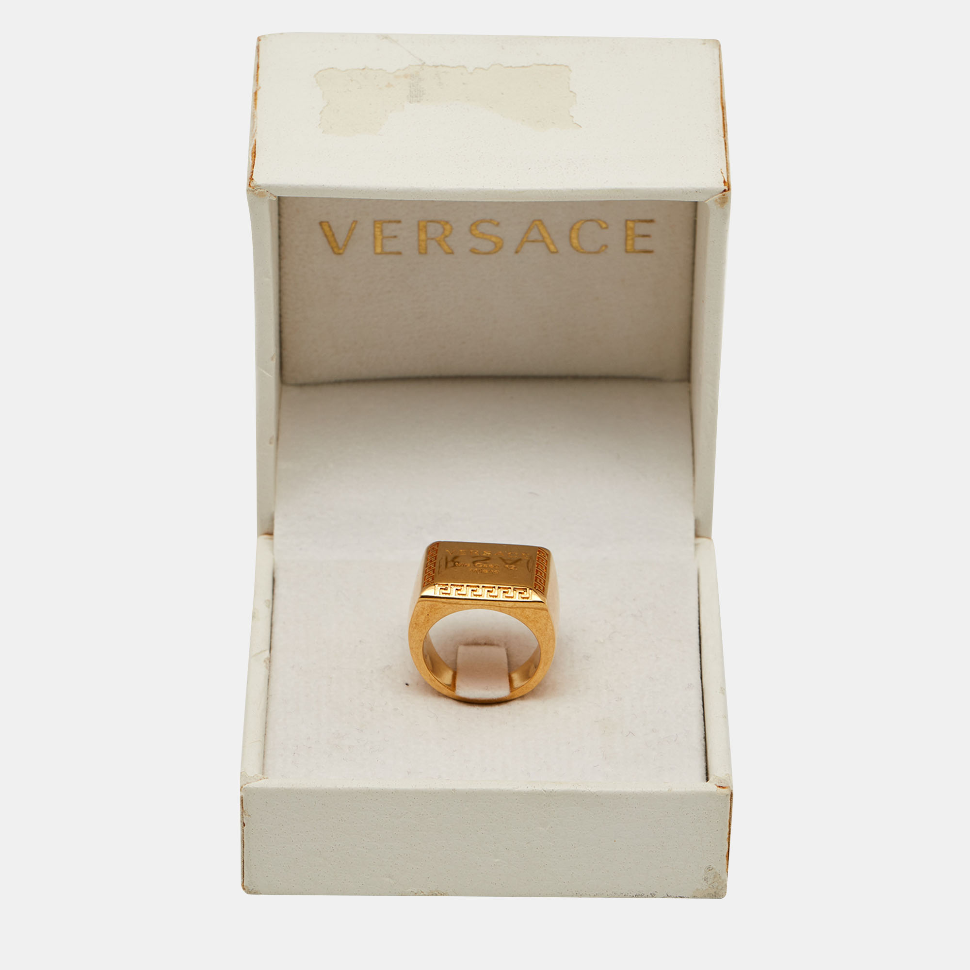 Versace Address Signet Gold Tone Ring Size 57
