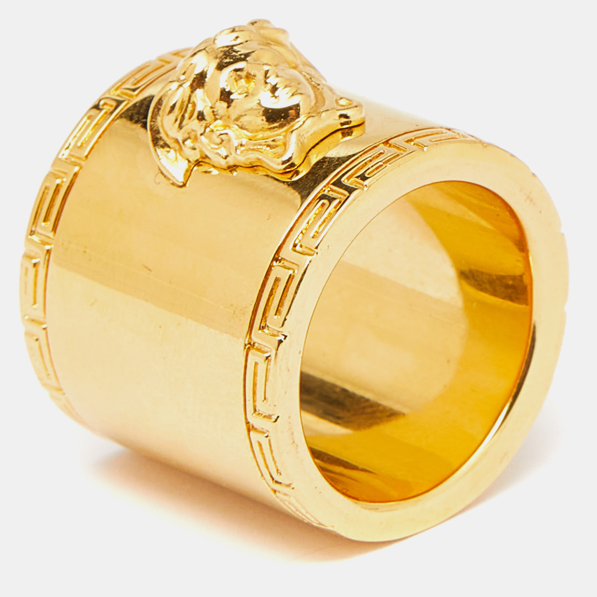 Versace medusa greek key gold tone metal wide band ring size 54