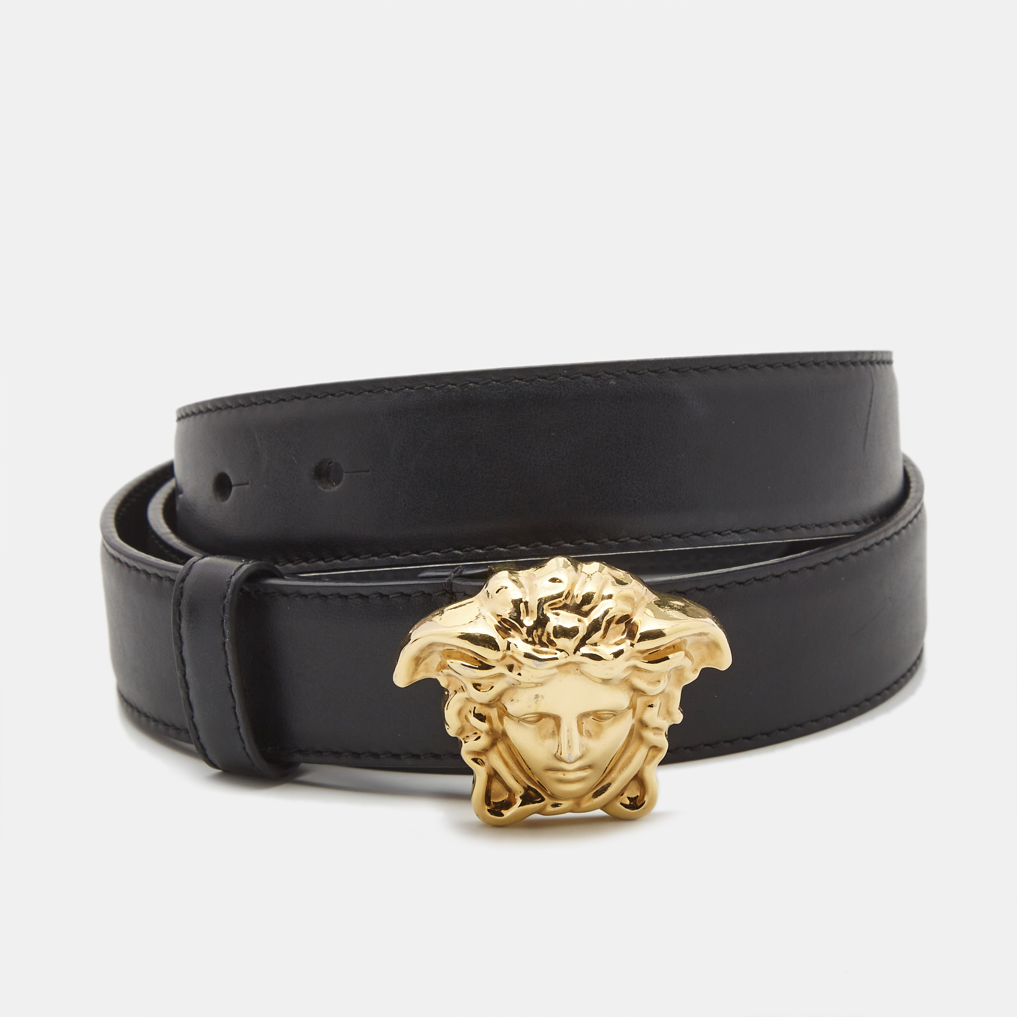 Versace black leather medussa buckle belt 90cm