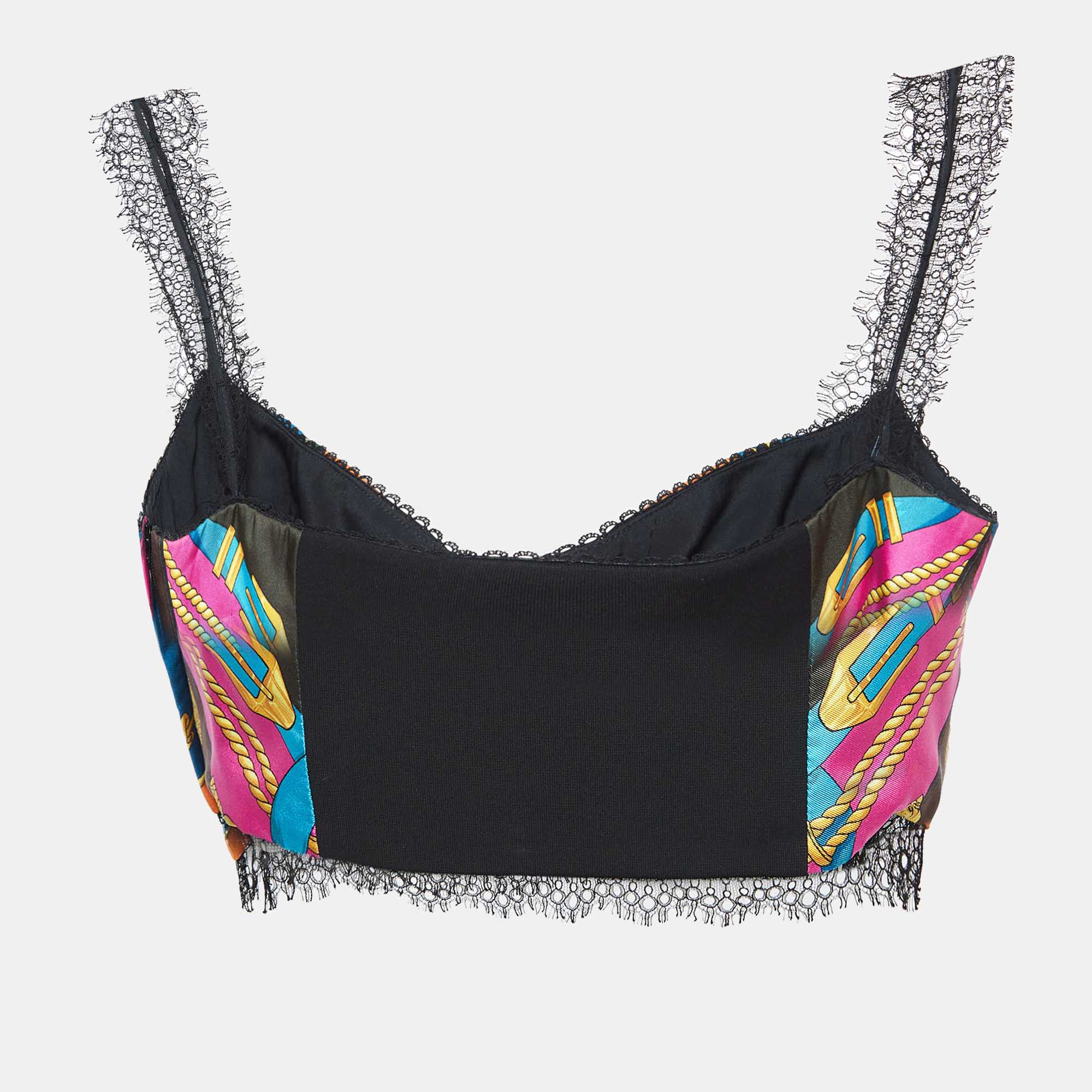 Versace Black/Multicolor Print Silk Crop Top M