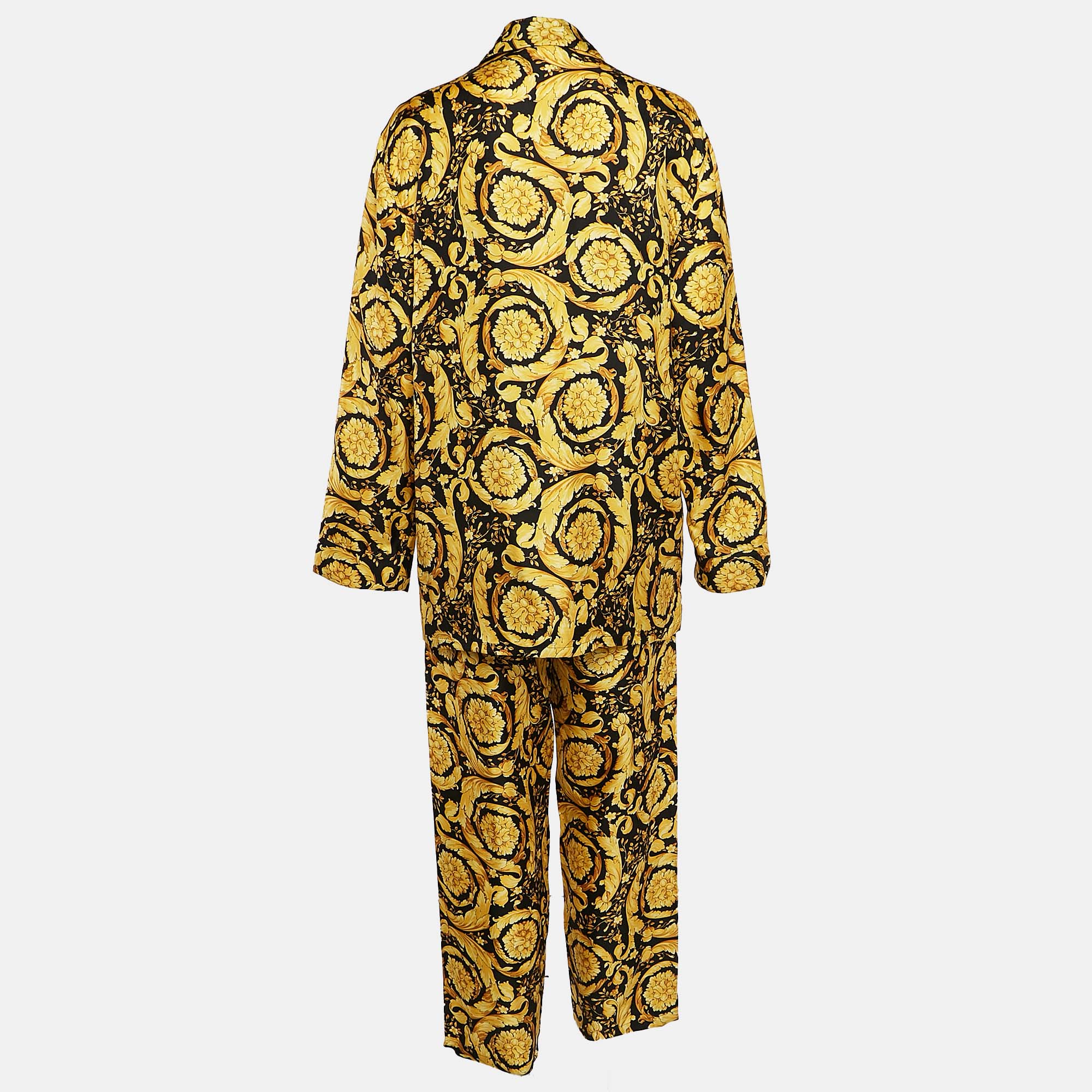 Versace Yellow/Black Barocco Print Silk Pajama Set L