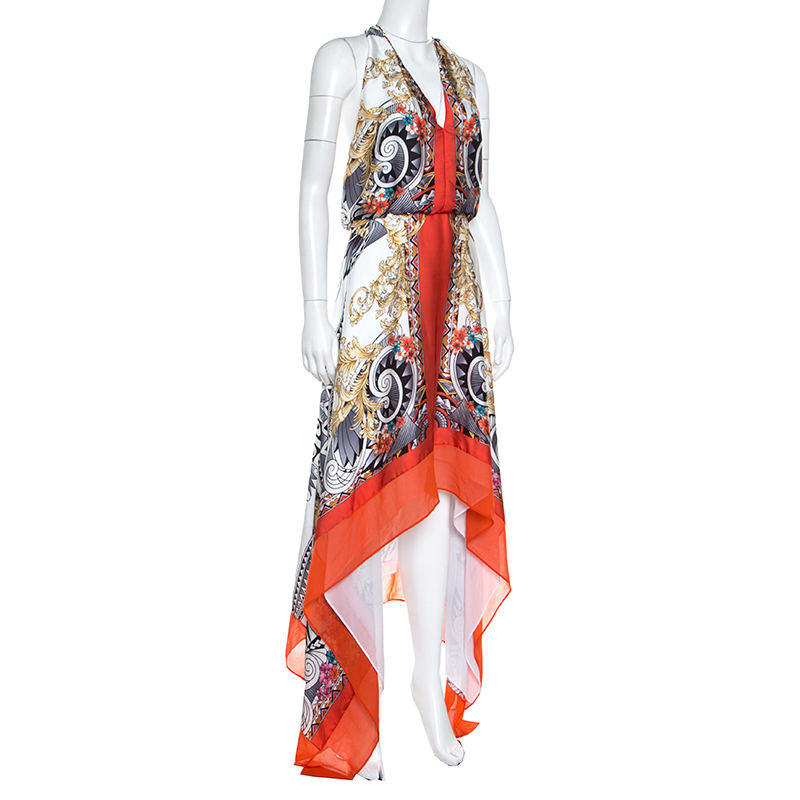 

Versace Collection Multicolor Printed Plunge Neck Handkerchief Hem Detail Dress