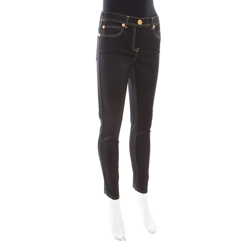 

Versace Black Denim Contrast Top Stitch Detail Tapered Jeans