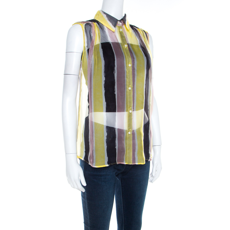 Versace Collection Multicolor Striped Sheer Silk Pearl Button Detail Sleeveless Shirt
Versace Collection Multicolor Striped Sheer Silk Pearl Button Detail Sleeveless Shirt