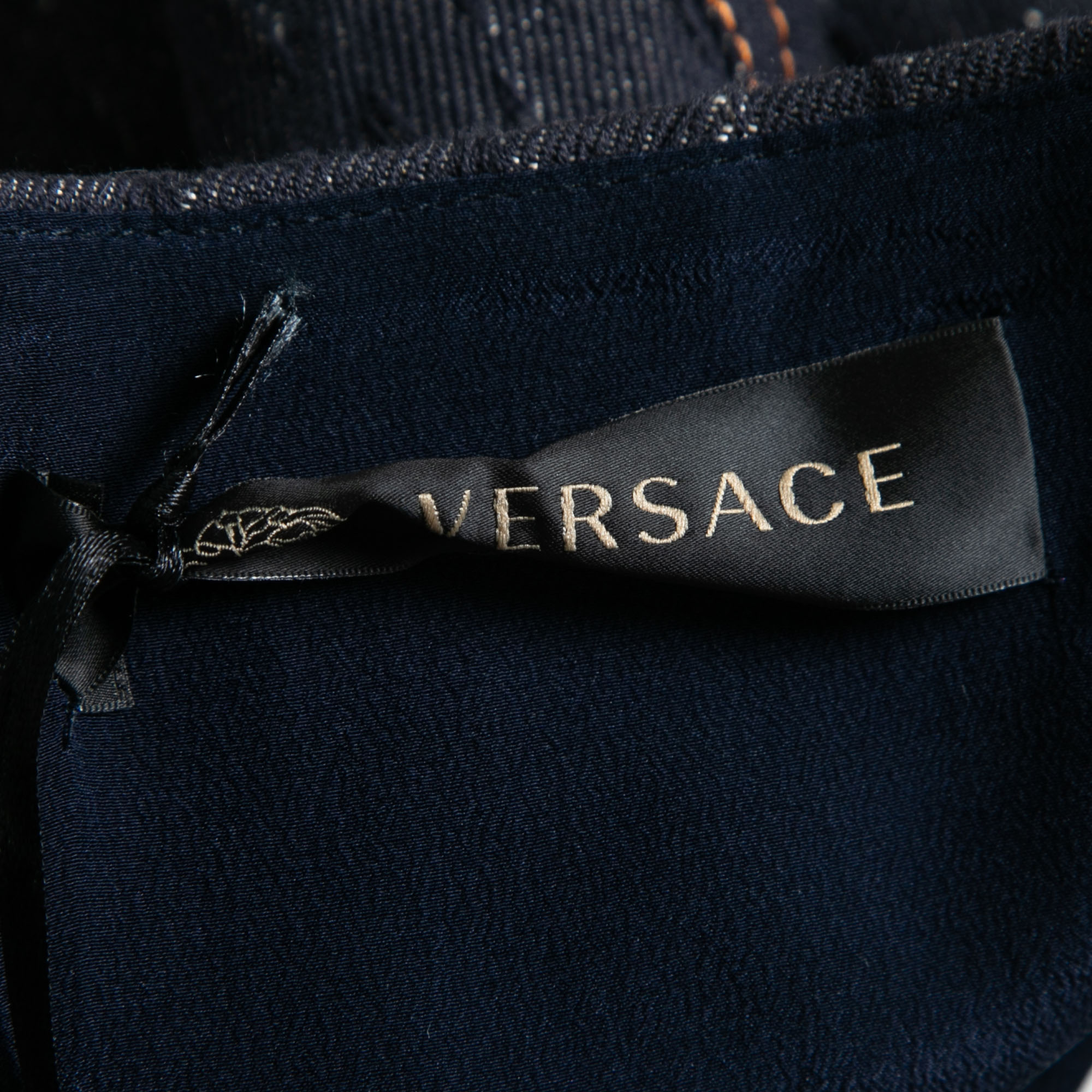 Versace Indigo Textured Denim Hook Detail Pencil Skirt M