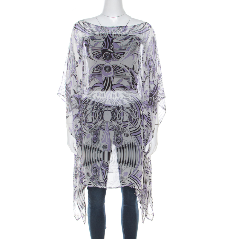 Image of Versace White and Purple Fish Print Sheer Silk Kaftan Tunic Top M