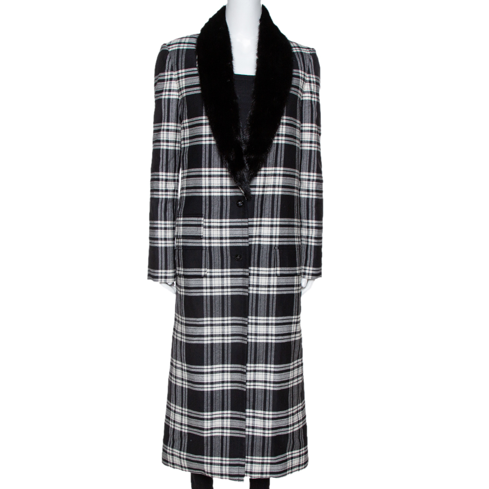 Image of Versace Black Plaid Wool & Silk Mink Fur Trim Long Coat S