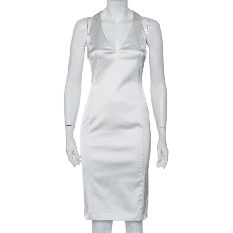 Versace White Sateen Plunge Neck Sheath Dress S