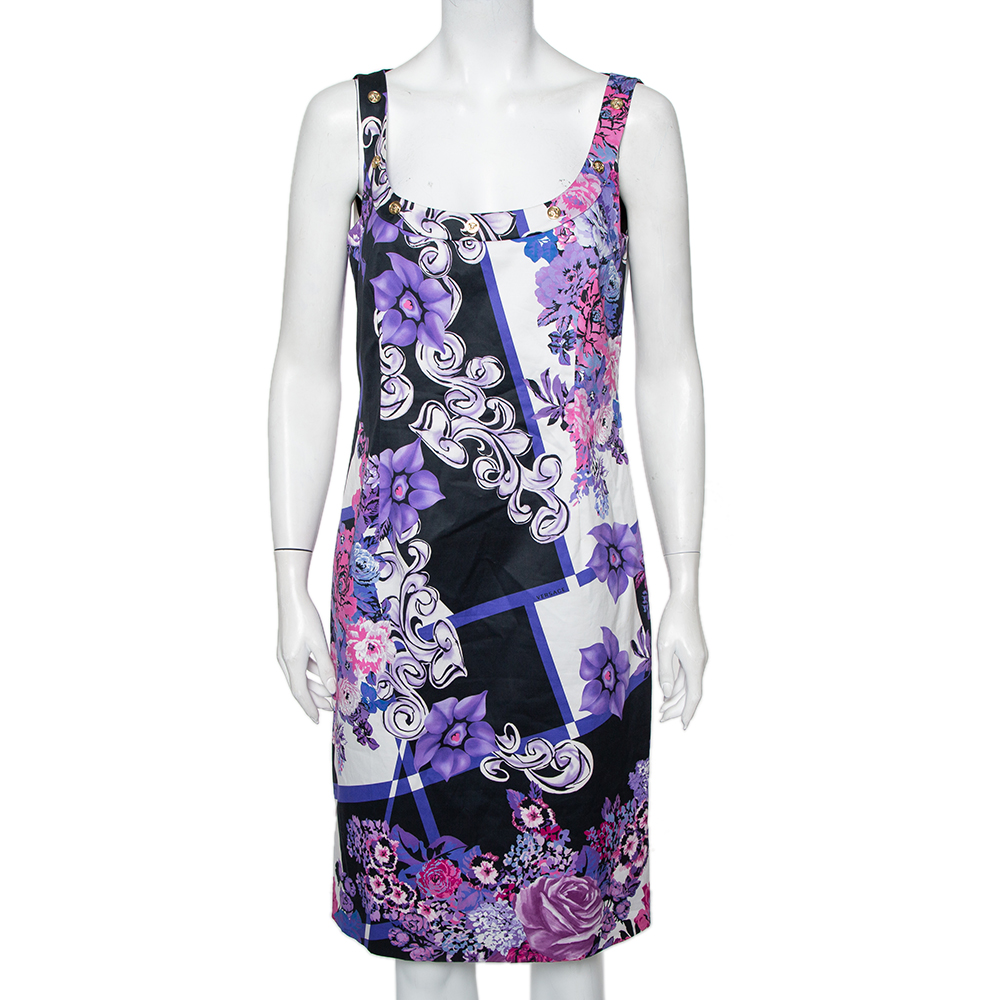 Versace multicolor printed cotton scoop neck sleeveless shift dress l