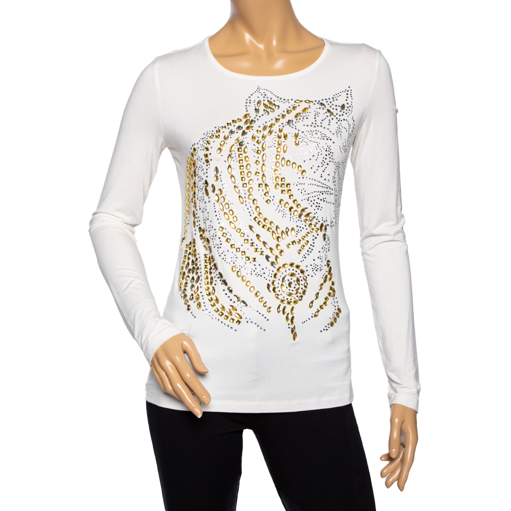 Versace Off-White Embellished Jersey Long Sleeve T-Shirt M