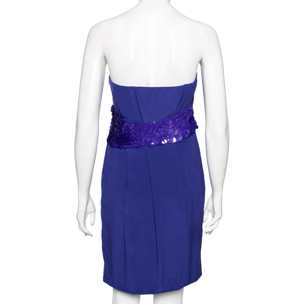 Versace Blue Crepe Embellished Detail Strapless Mini Dress M