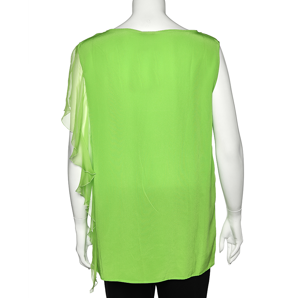 Versace Neon Green Silk Ruffled Sleeveless Top L